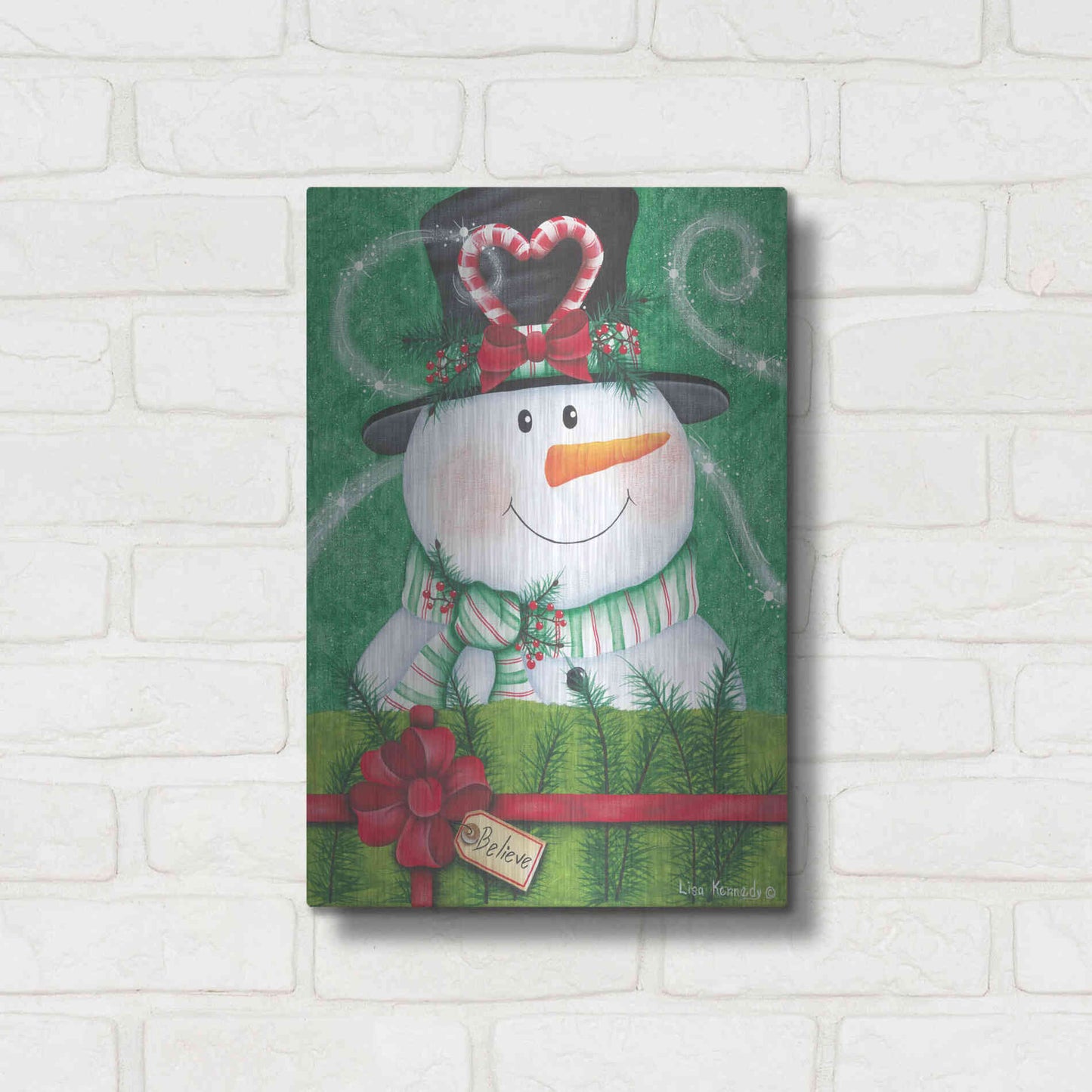 Luxe Metal Art 'Snowman Gift' by Lisa Kennedy, Metal Wall Art,12x16