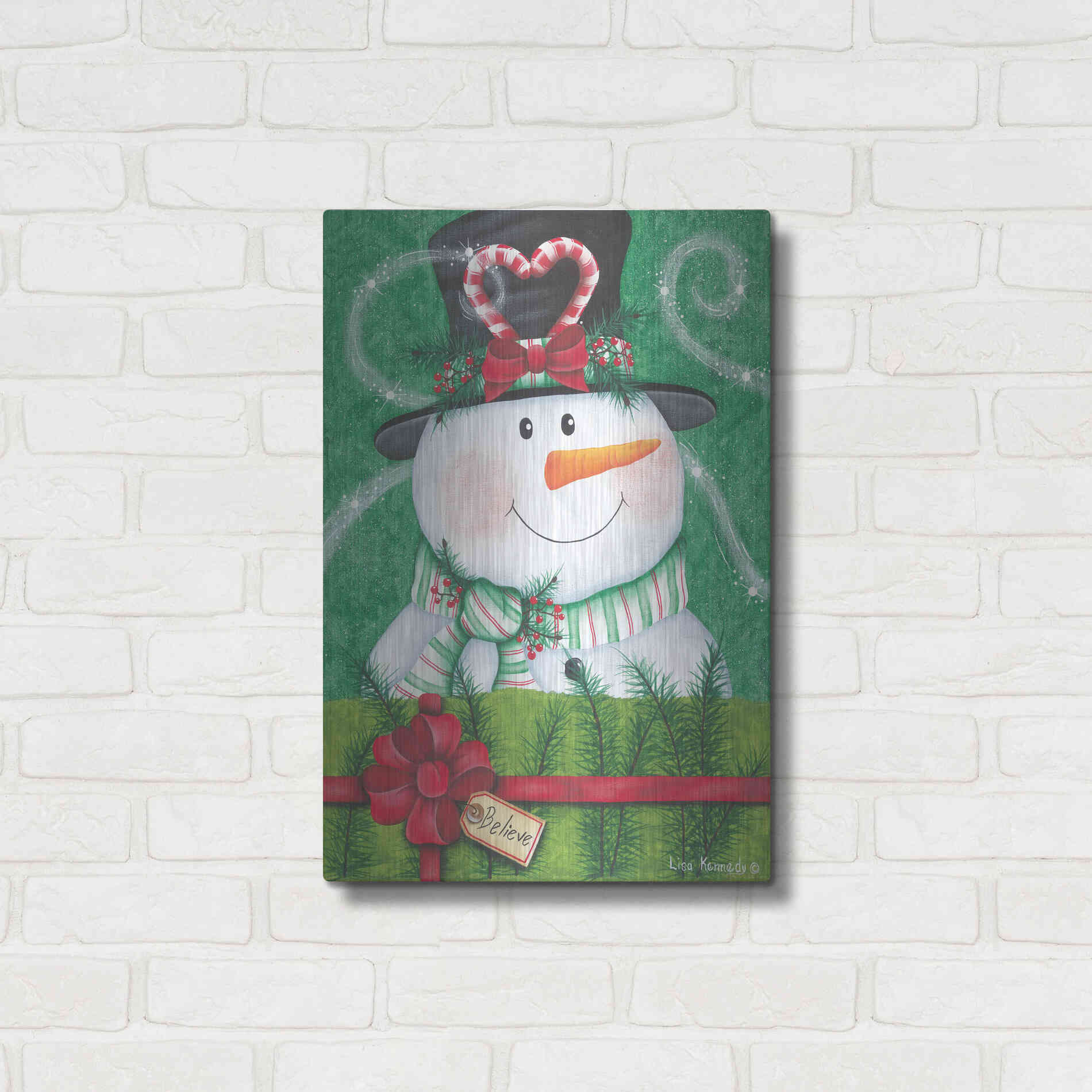 Luxe Metal Art 'Snowman Gift' by Lisa Kennedy, Metal Wall Art,16x24