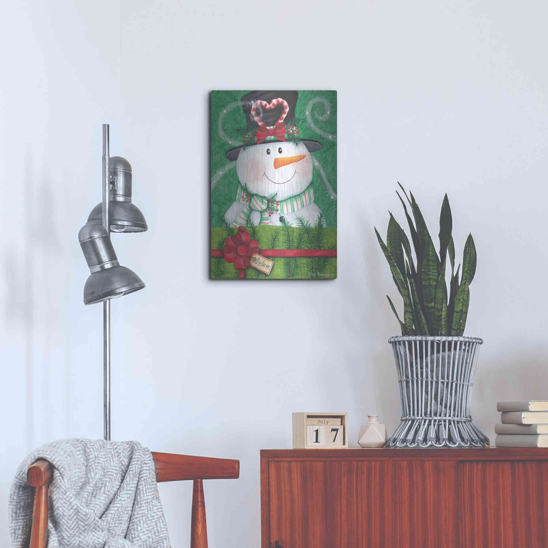 Luxe Metal Art 'Snowman Gift' by Lisa Kennedy, Metal Wall Art,16x24