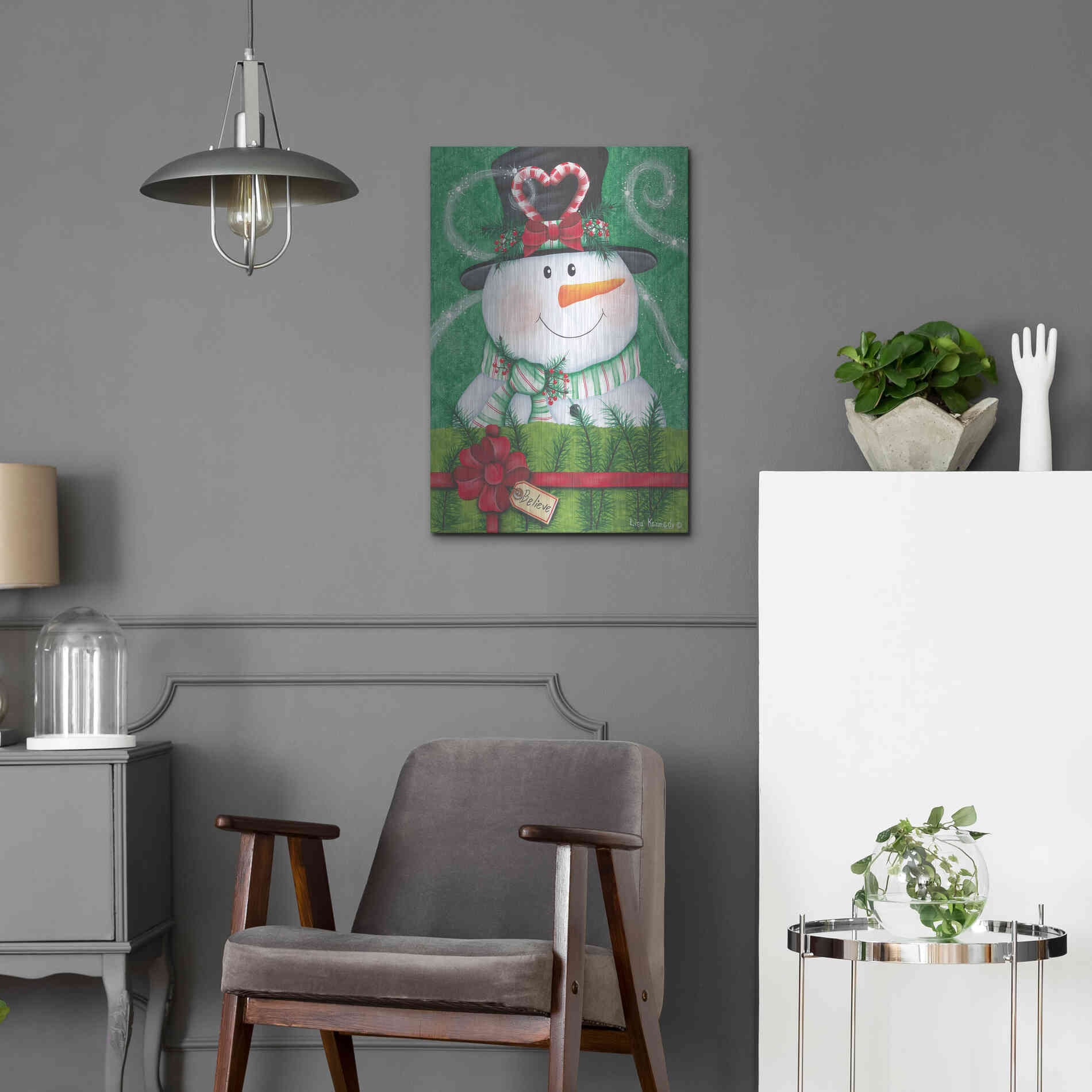 Luxe Metal Art 'Snowman Gift' by Lisa Kennedy, Metal Wall Art,16x24