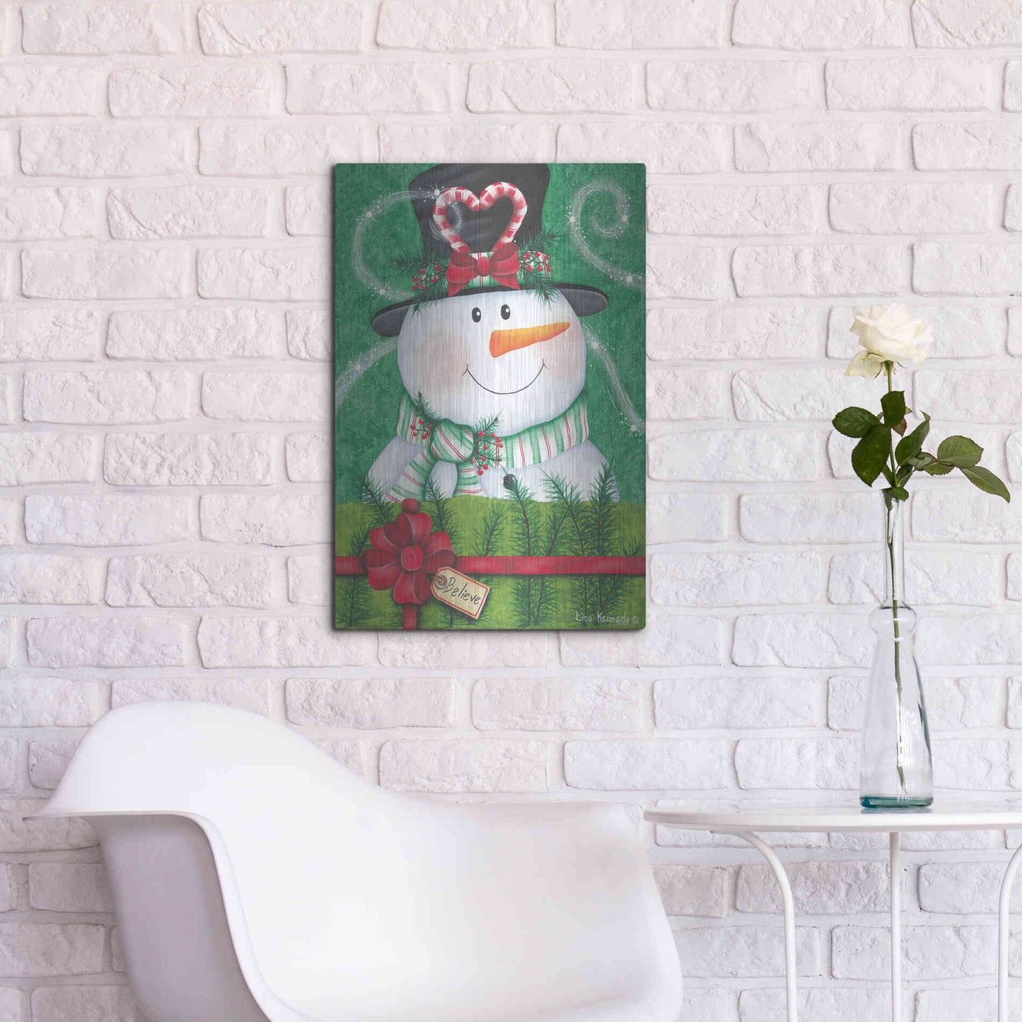 Luxe Metal Art 'Snowman Gift' by Lisa Kennedy, Metal Wall Art,16x24