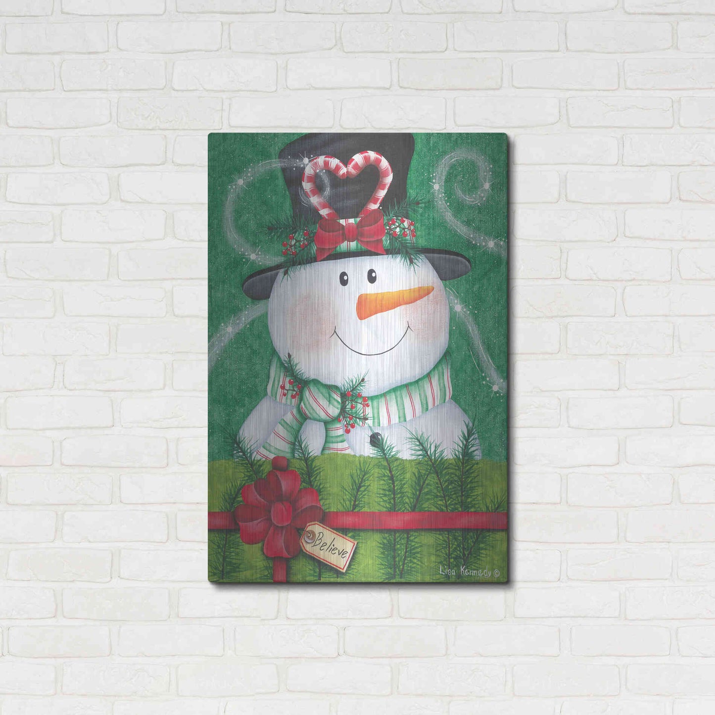 Luxe Metal Art 'Snowman Gift' by Lisa Kennedy, Metal Wall Art,24x36