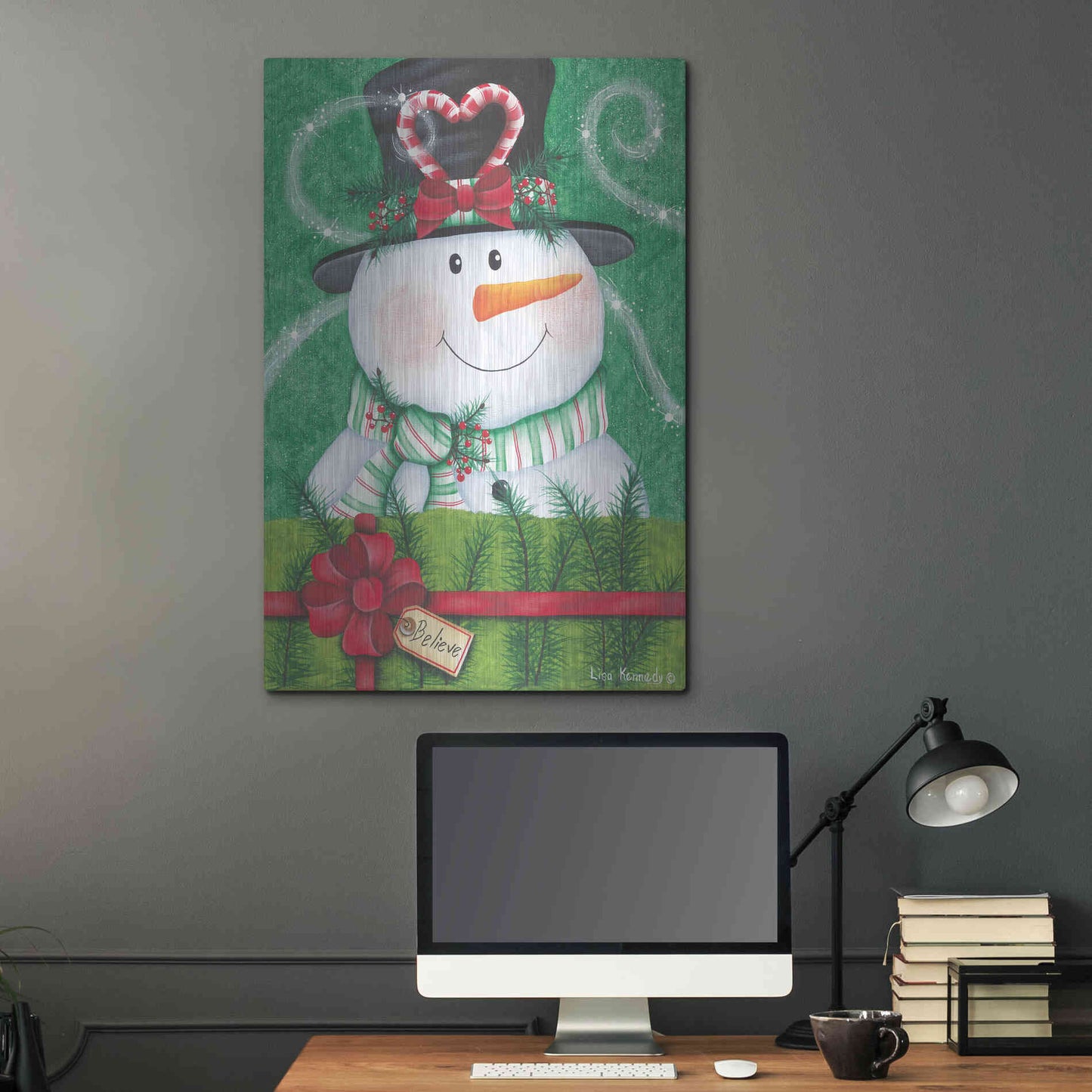 Luxe Metal Art 'Snowman Gift' by Lisa Kennedy, Metal Wall Art,24x36