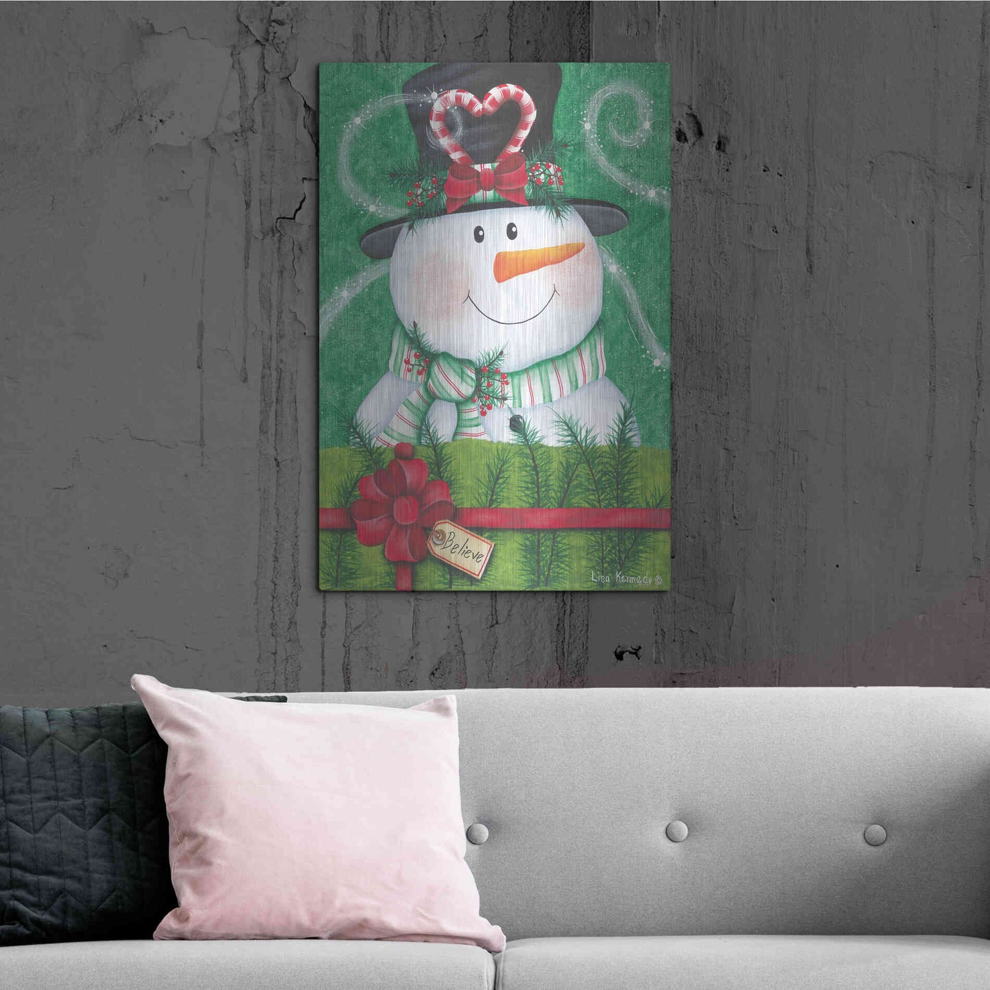 Luxe Metal Art 'Snowman Gift' by Lisa Kennedy, Metal Wall Art,24x36