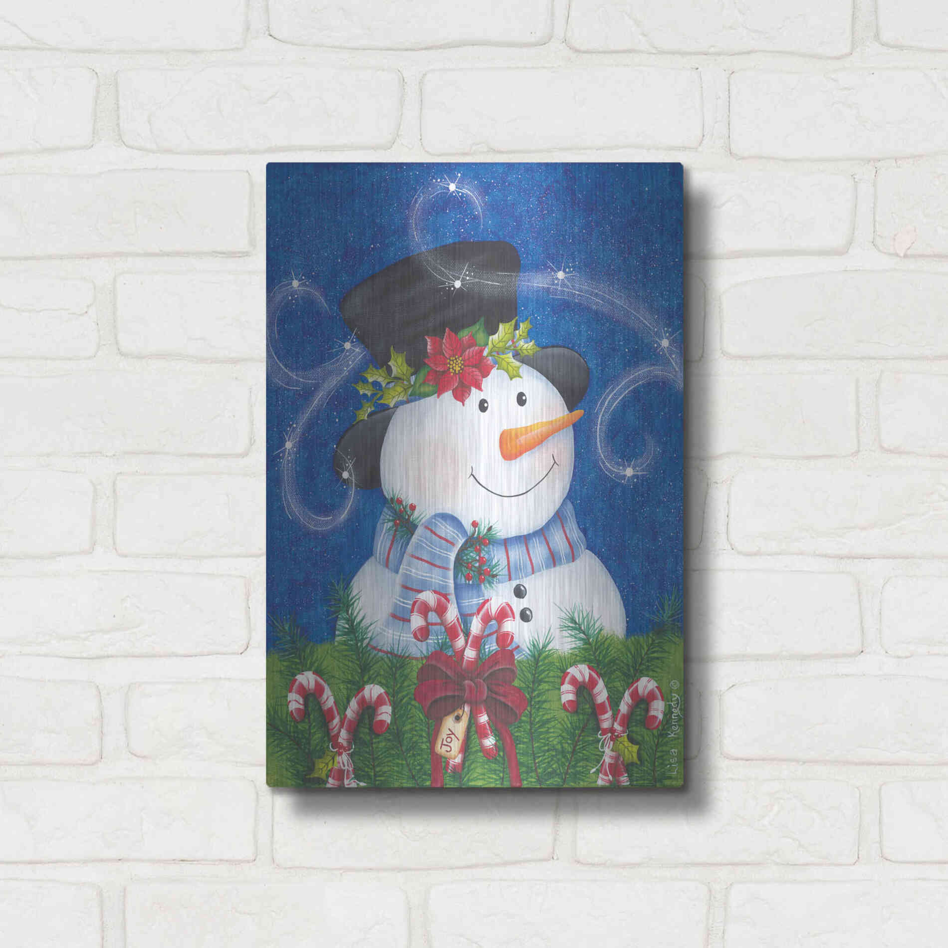 Luxe Metal Art 'Snowman & Candy Canes' by Lisa Kennedy, Metal Wall Art,12x16