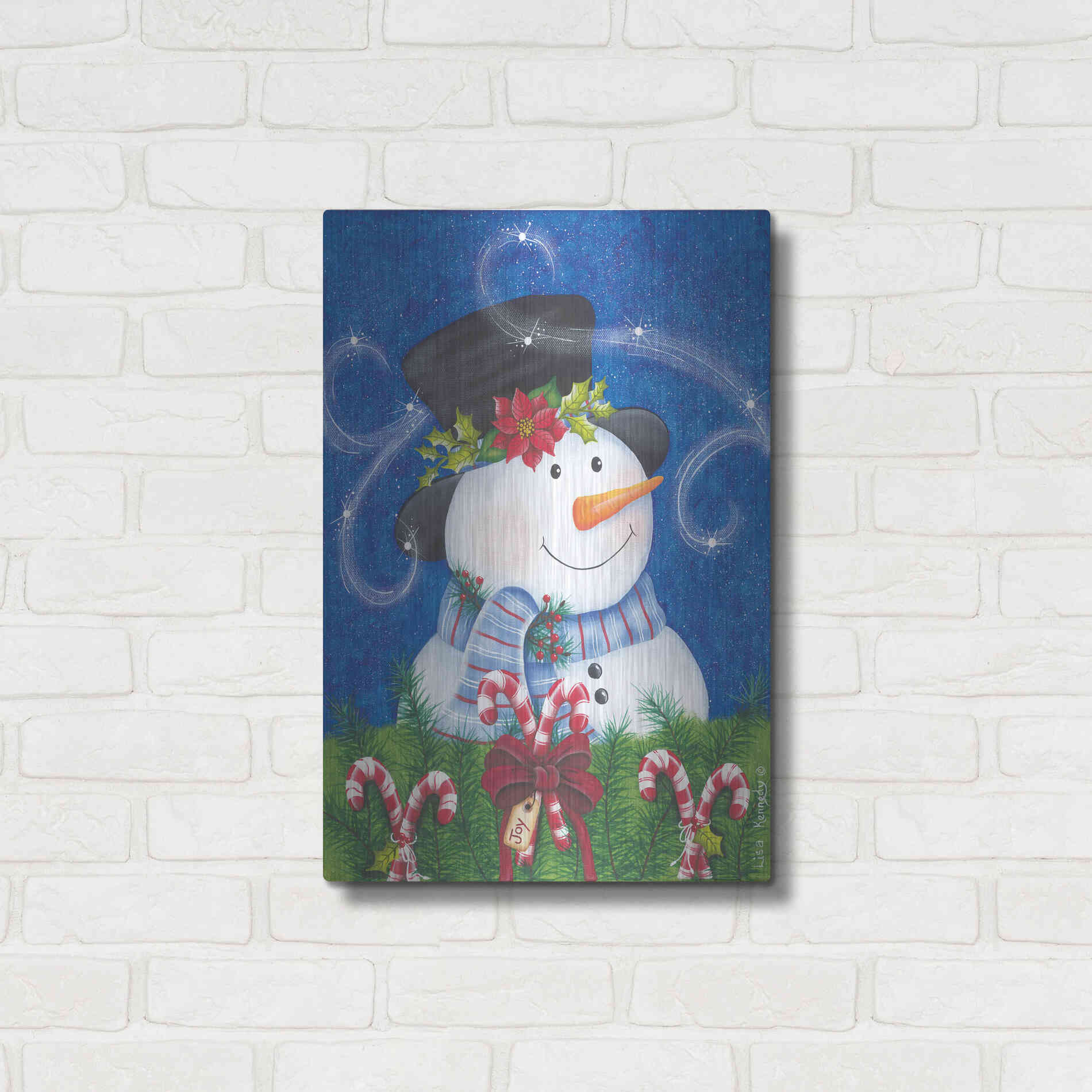 Luxe Metal Art 'Snowman & Candy Canes' by Lisa Kennedy, Metal Wall Art,16x24