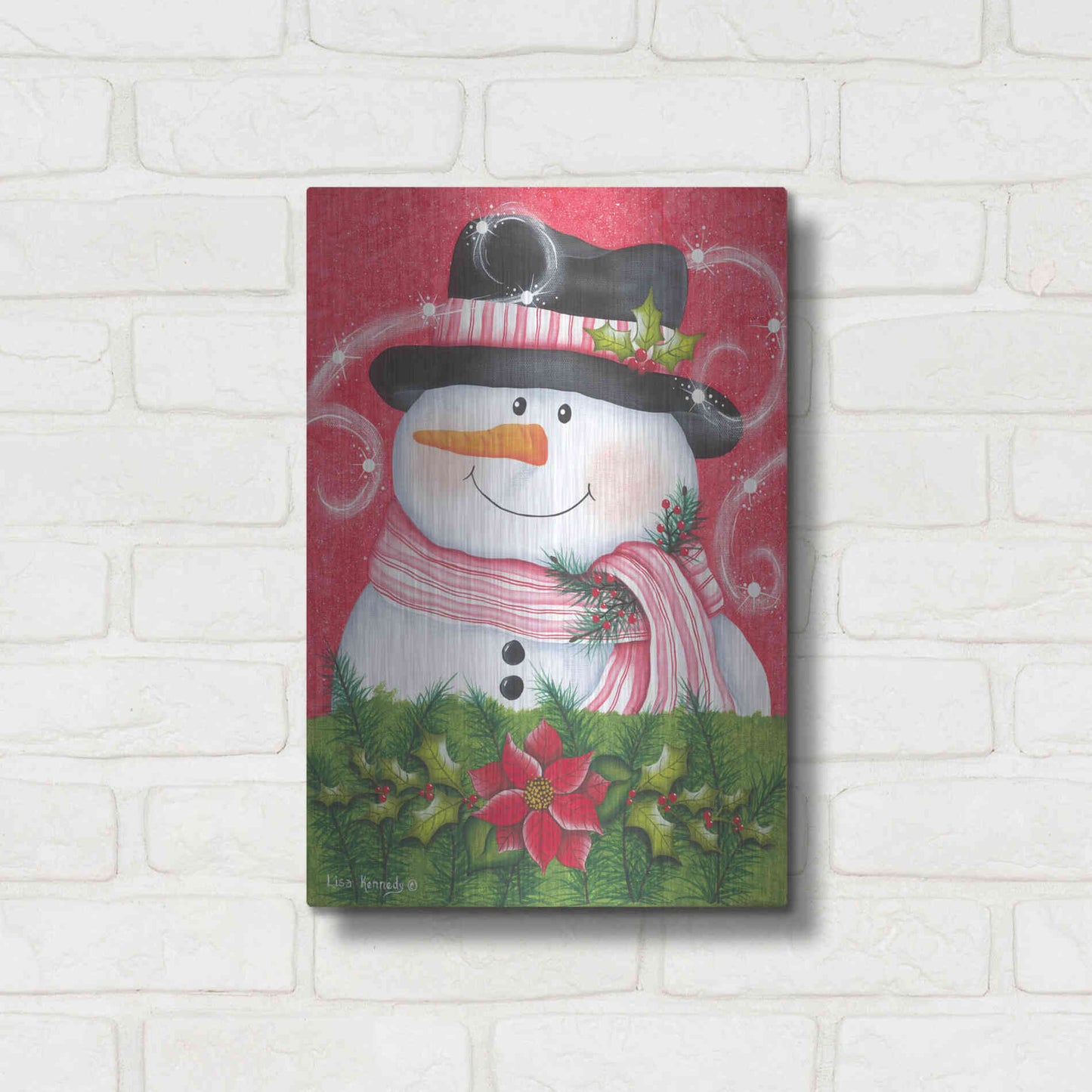 Luxe Metal Art 'Snowman & Poinsettia' by Lisa Kennedy, Metal Wall Art,12x16