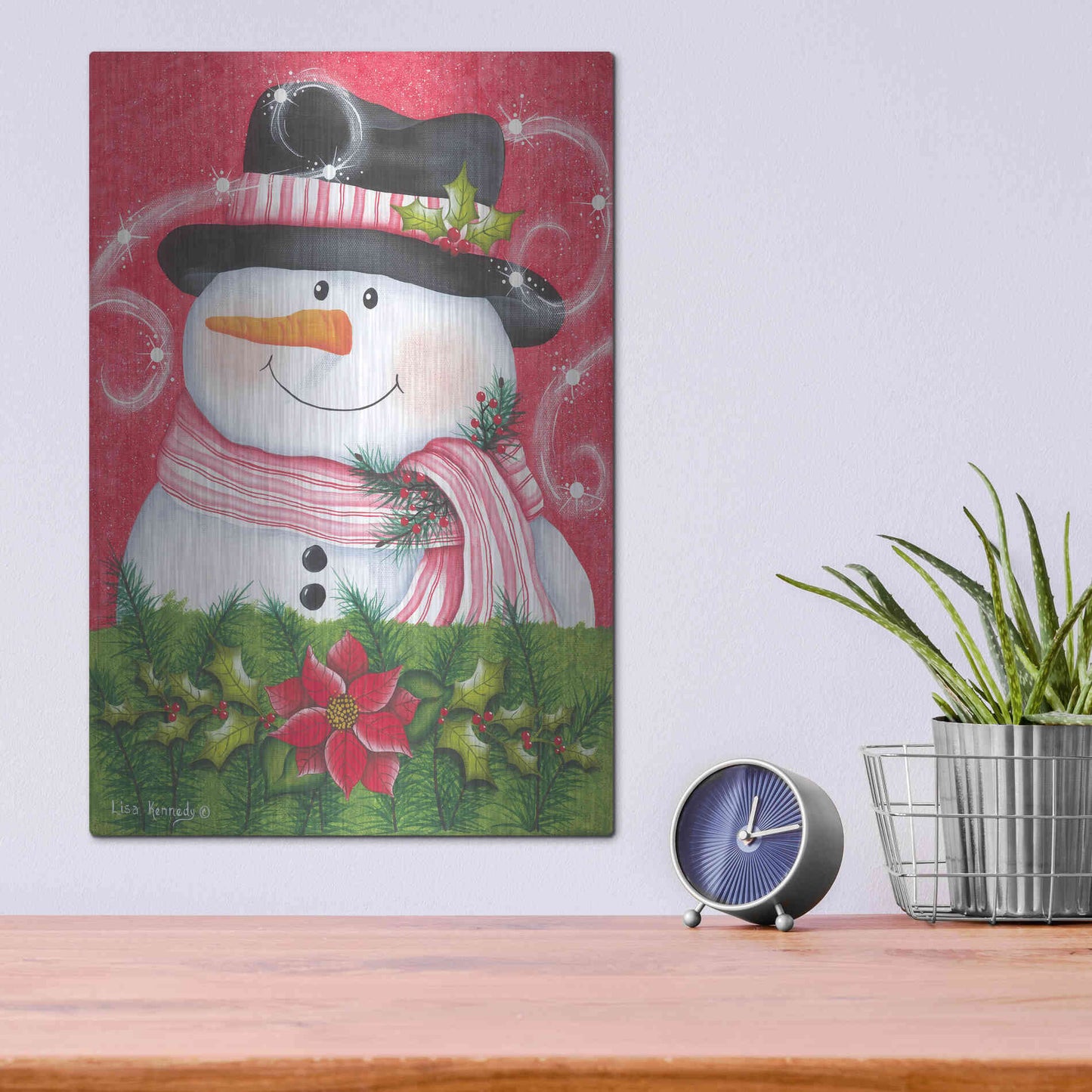 Luxe Metal Art 'Snowman & Poinsettia' by Lisa Kennedy, Metal Wall Art,12x16