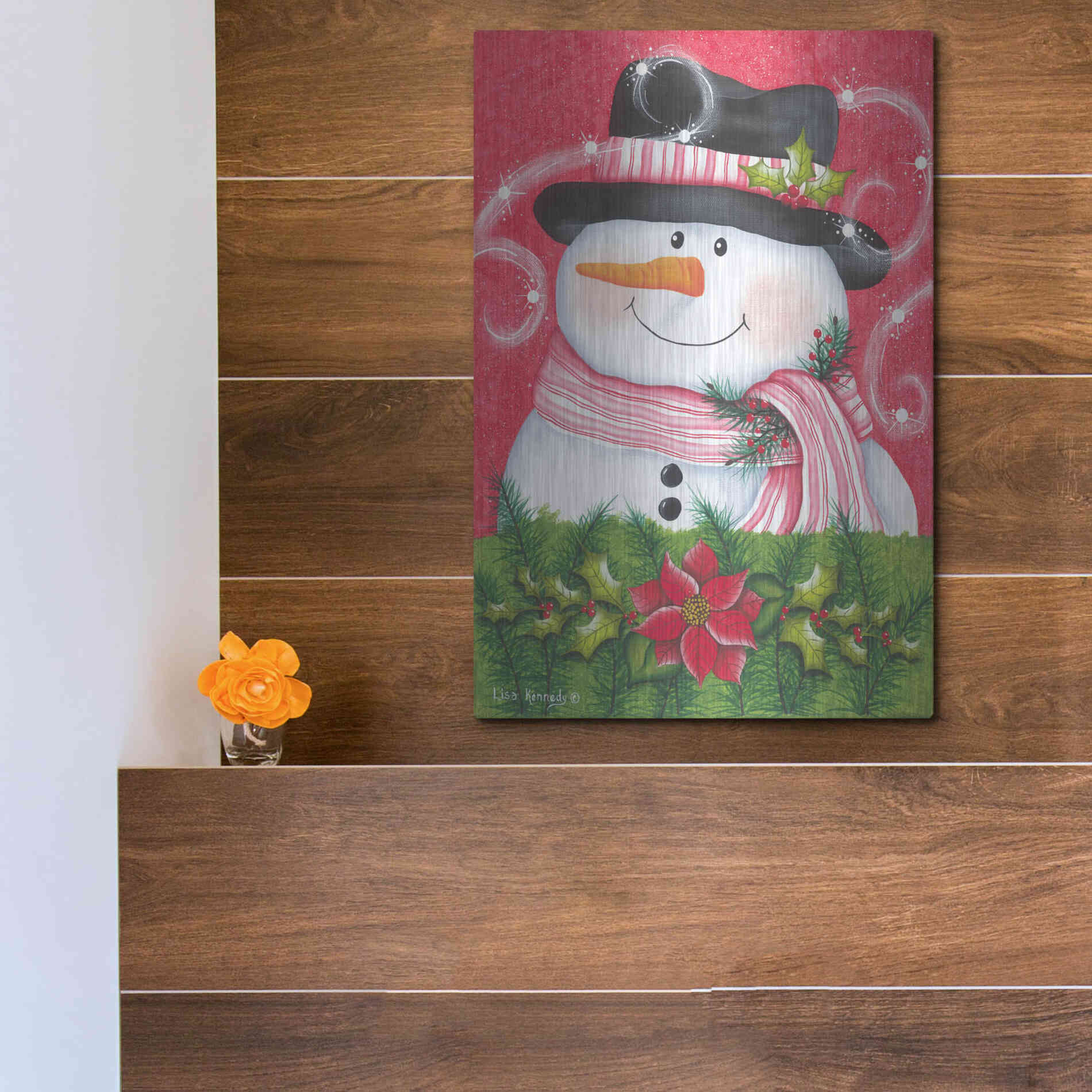 Luxe Metal Art 'Snowman & Poinsettia' by Lisa Kennedy, Metal Wall Art,12x16