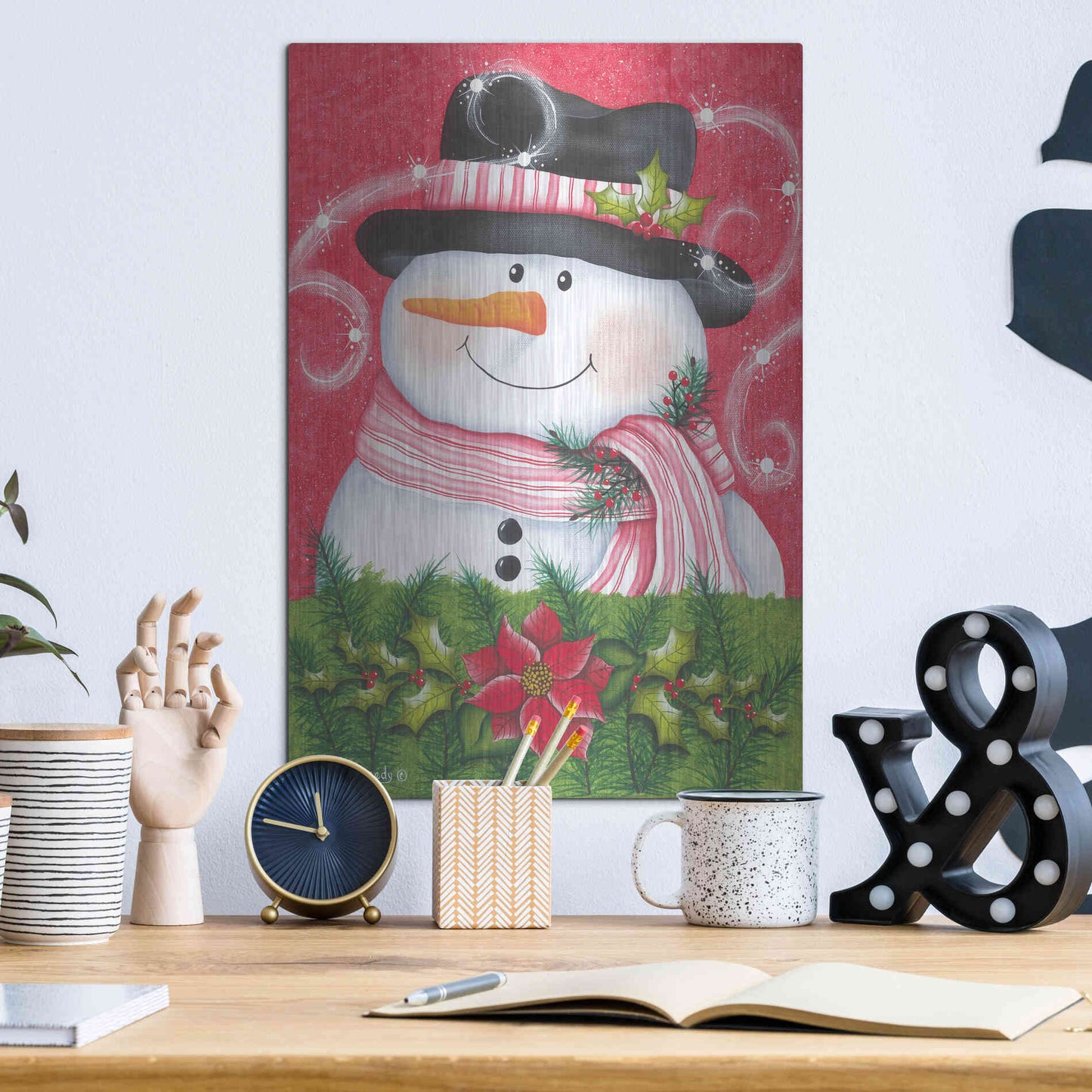 Luxe Metal Art 'Snowman & Poinsettia' by Lisa Kennedy, Metal Wall Art,12x16