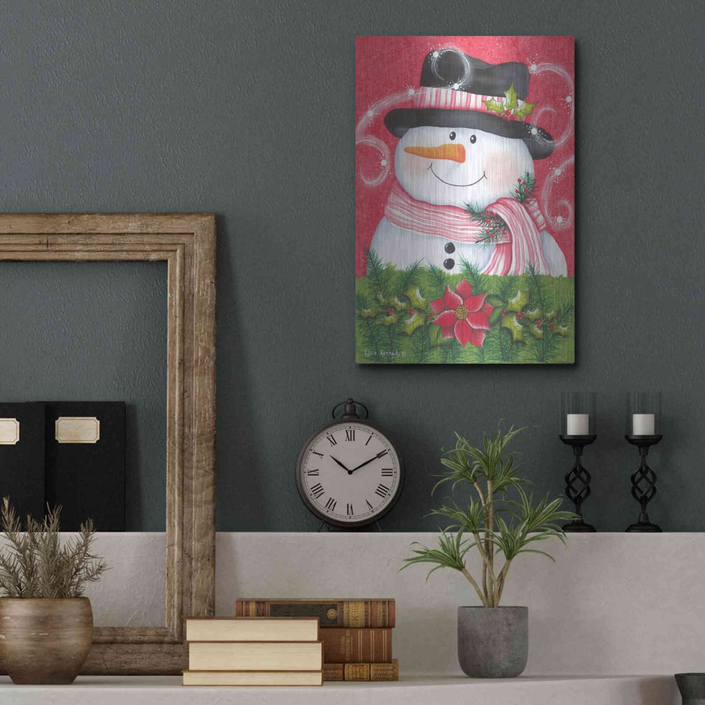 Luxe Metal Art 'Snowman & Poinsettia' by Lisa Kennedy, Metal Wall Art,12x16