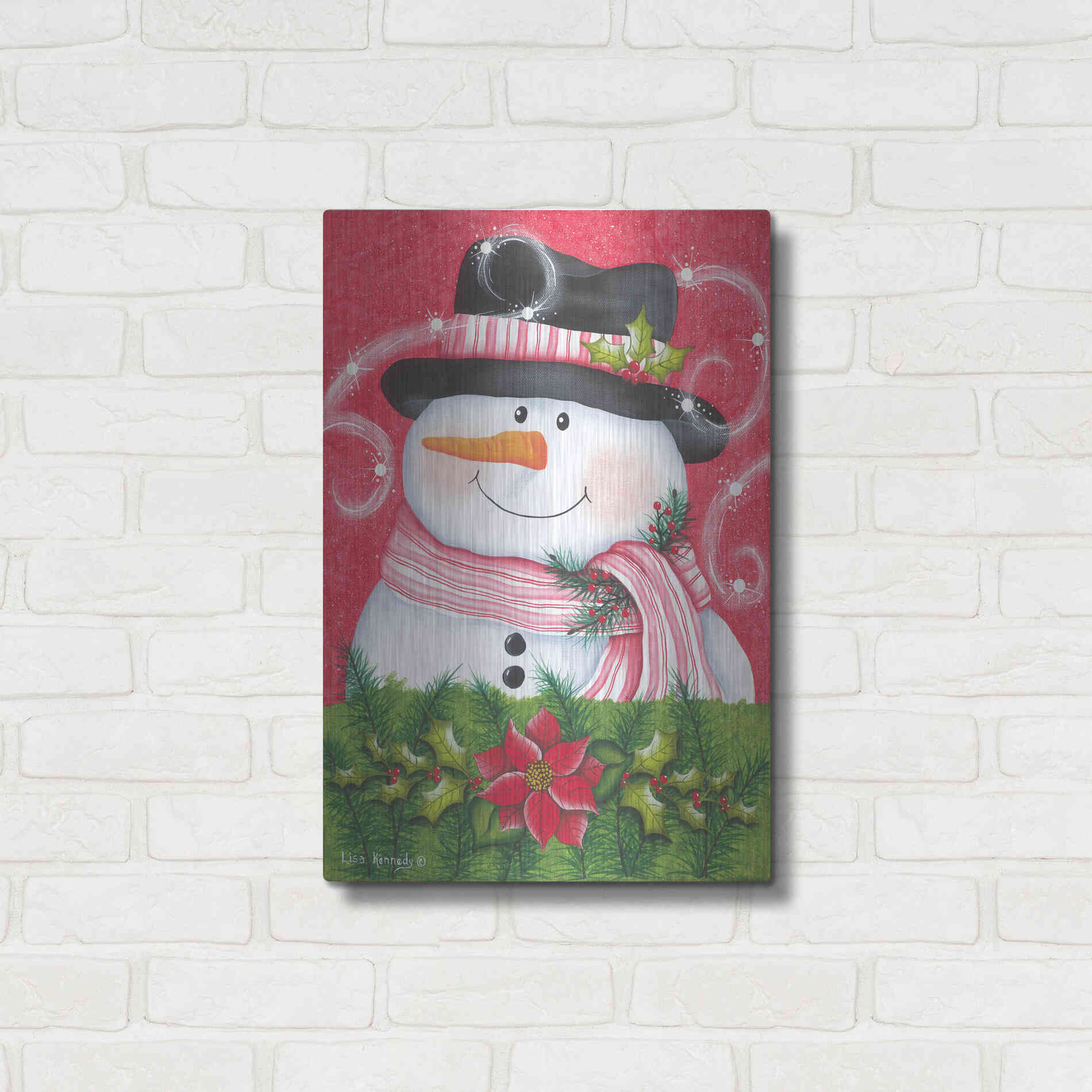 Luxe Metal Art 'Snowman & Poinsettia' by Lisa Kennedy, Metal Wall Art,16x24