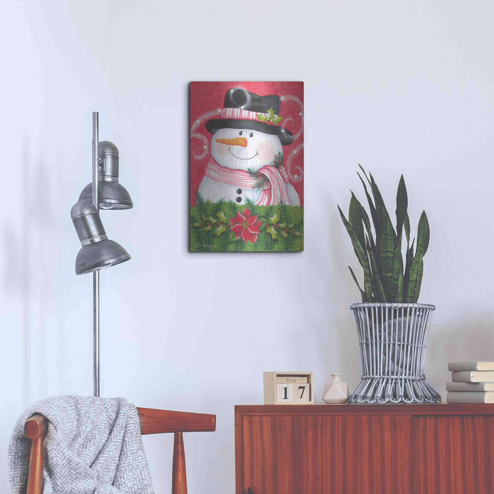 Luxe Metal Art 'Snowman & Poinsettia' by Lisa Kennedy, Metal Wall Art,16x24