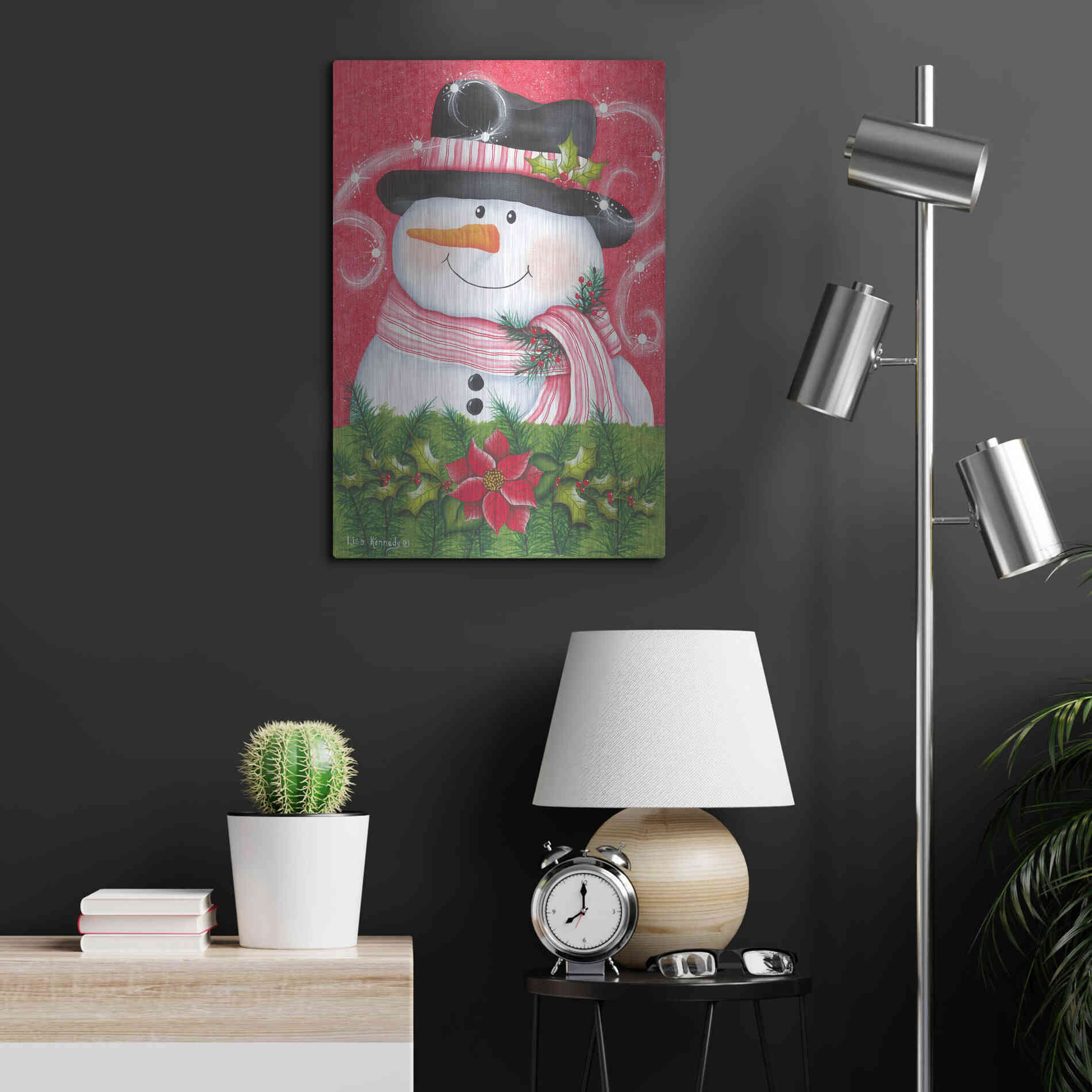 Luxe Metal Art 'Snowman & Poinsettia' by Lisa Kennedy, Metal Wall Art,16x24