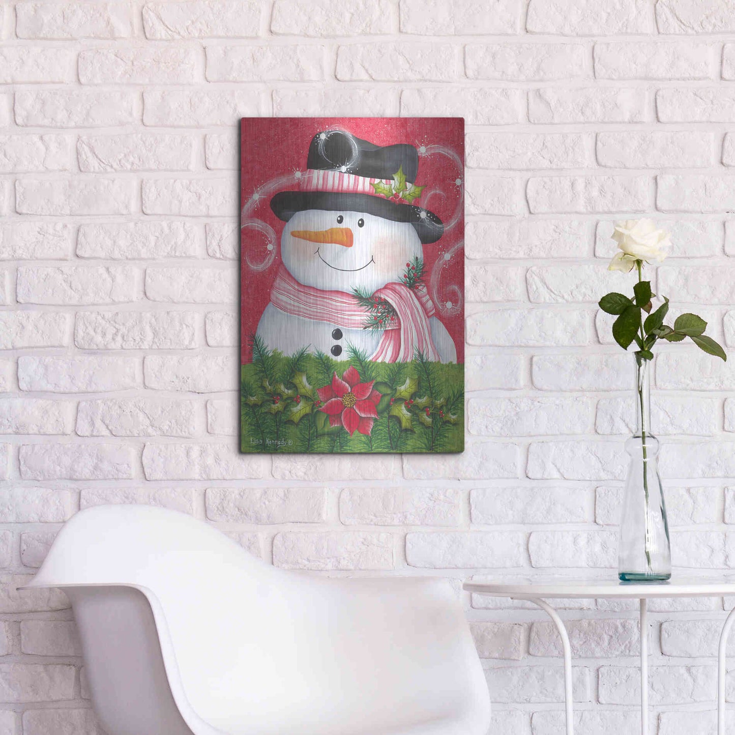 Luxe Metal Art 'Snowman & Poinsettia' by Lisa Kennedy, Metal Wall Art,16x24