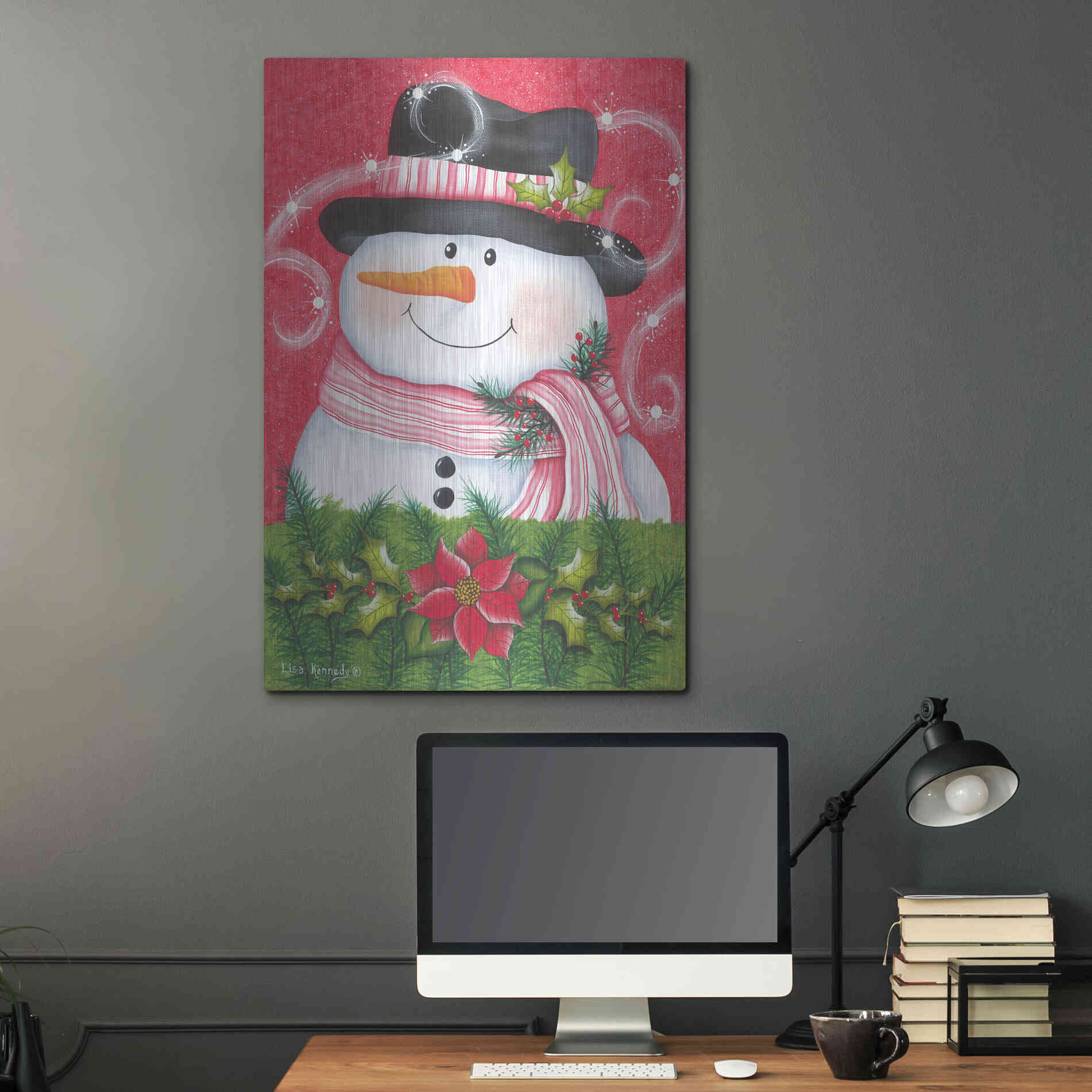 Luxe Metal Art 'Snowman & Poinsettia' by Lisa Kennedy, Metal Wall Art,24x36