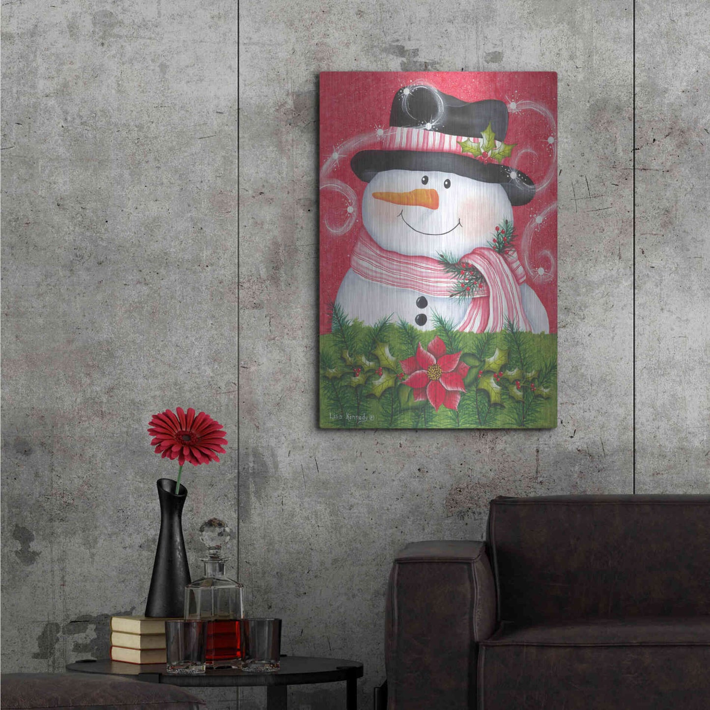 Luxe Metal Art 'Snowman & Poinsettia' by Lisa Kennedy, Metal Wall Art,24x36