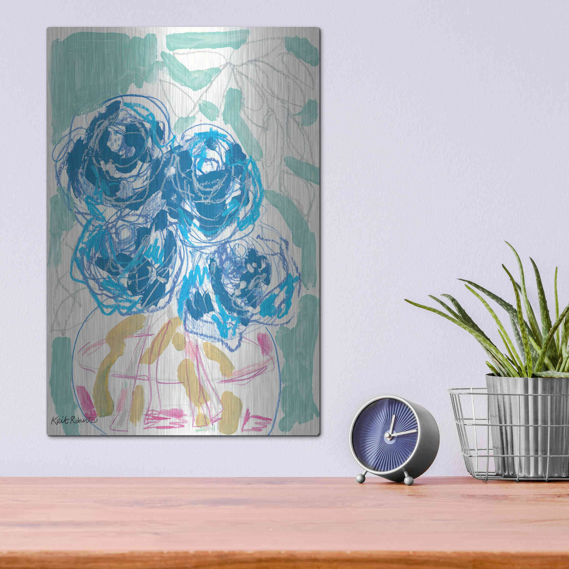 Luxe Metal Art 'Nightstand Blooms in Water' by Kait Roberts, Metal Wall Art,12x16