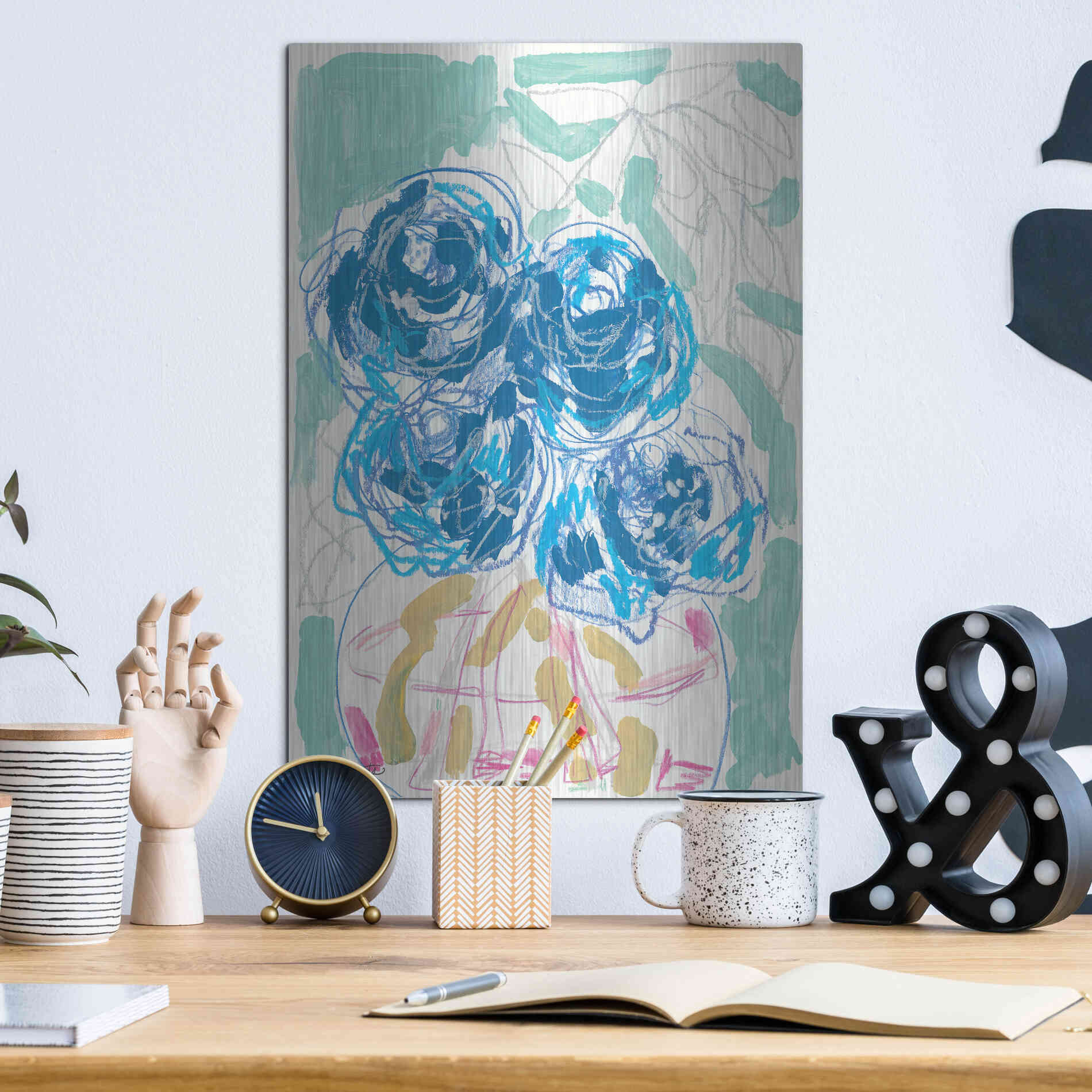 Luxe Metal Art 'Nightstand Blooms in Water' by Kait Roberts, Metal Wall Art,12x16