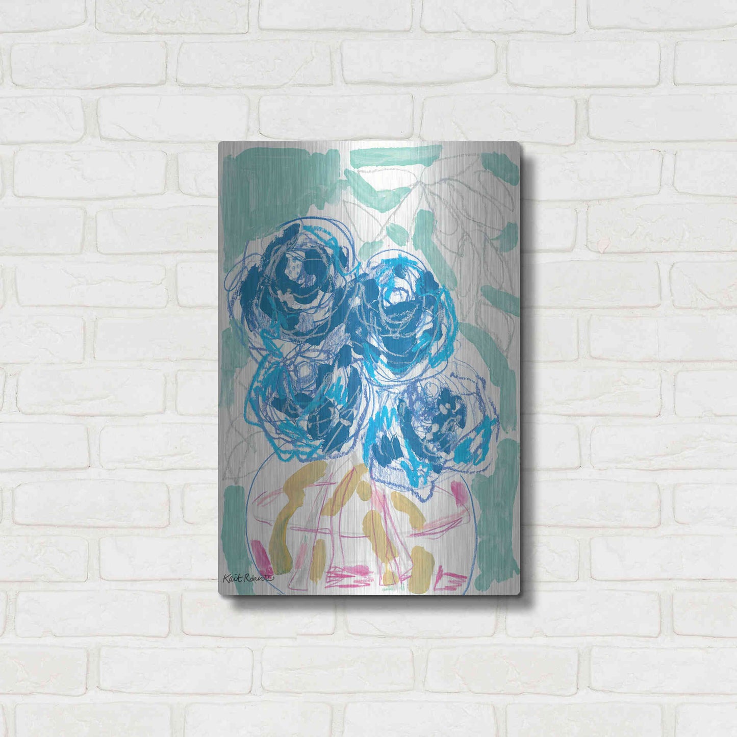Luxe Metal Art 'Nightstand Blooms in Water' by Kait Roberts, Metal Wall Art,16x24