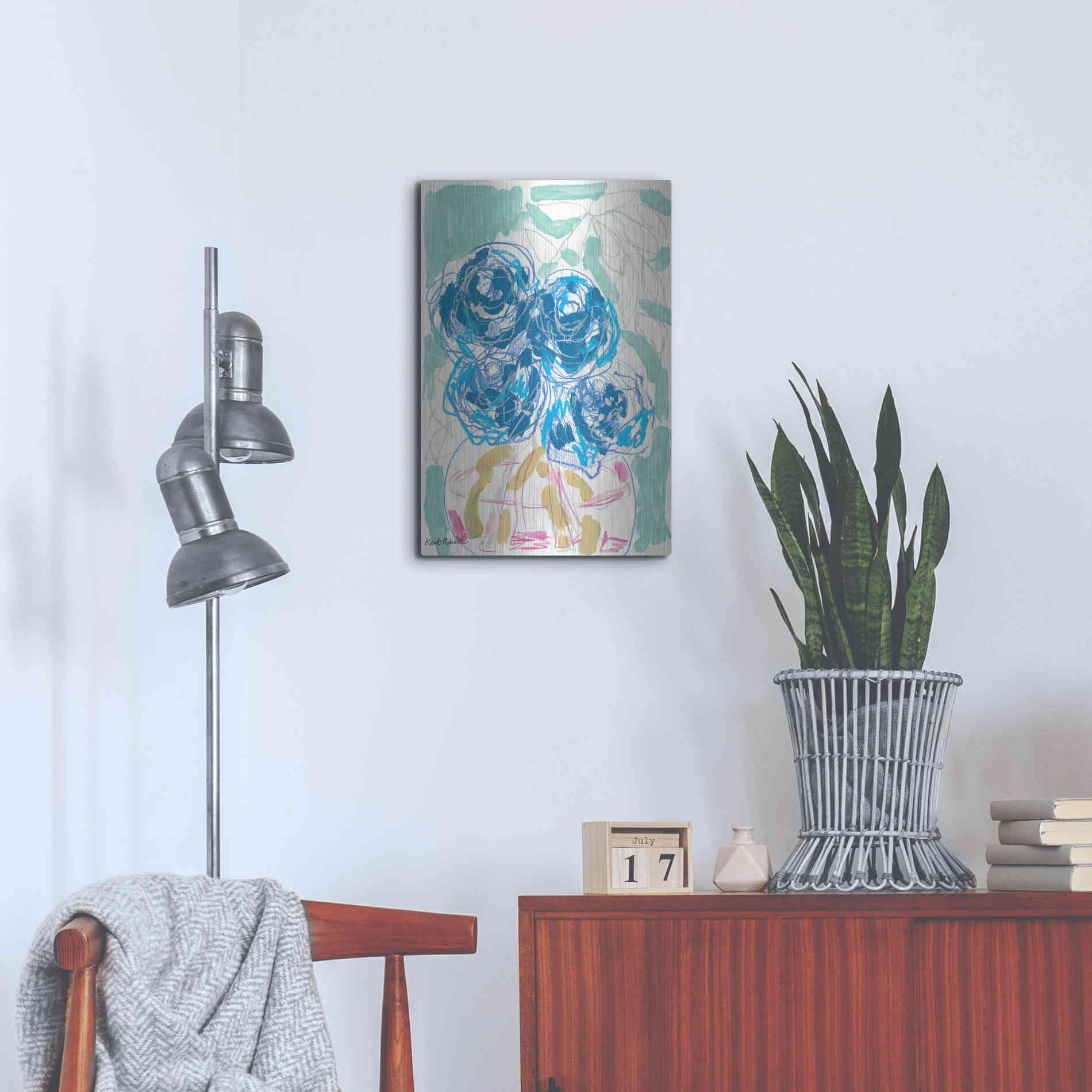Luxe Metal Art 'Nightstand Blooms in Water' by Kait Roberts, Metal Wall Art,16x24