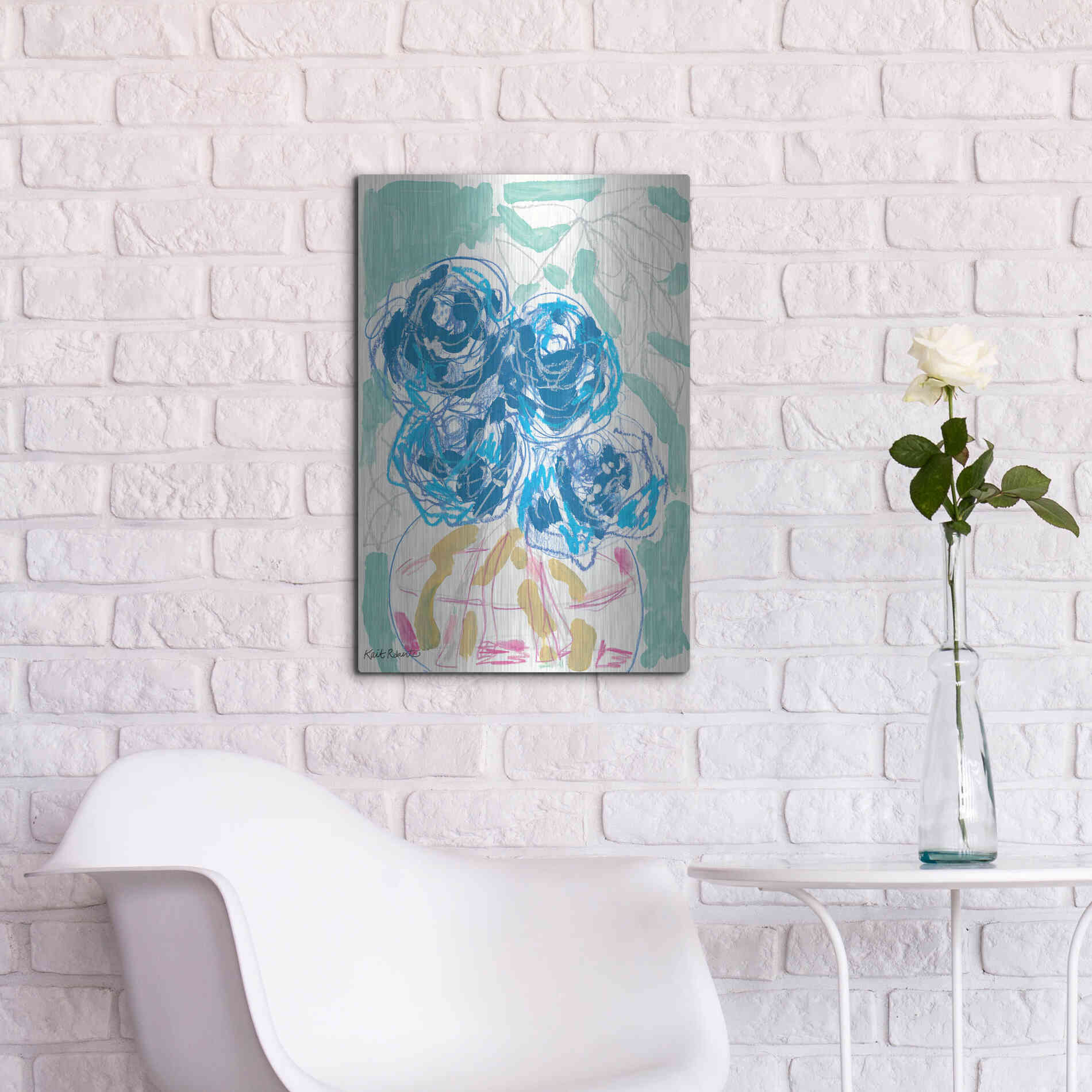 Luxe Metal Art 'Nightstand Blooms in Water' by Kait Roberts, Metal Wall Art,16x24