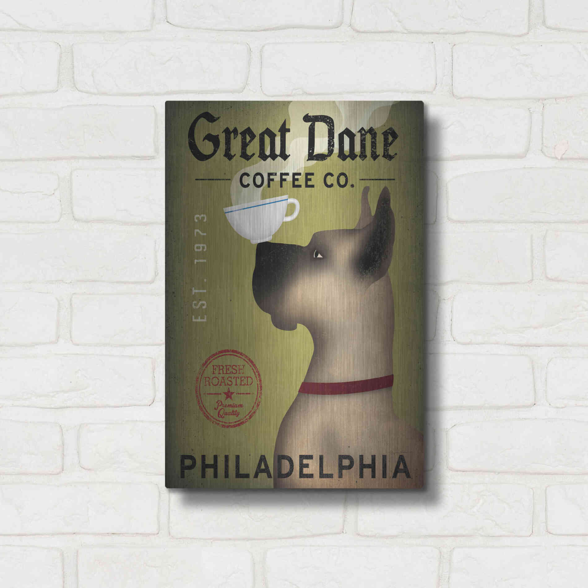 Luxe Metal Art 'Great Dane Coffee Philadelphia' by Ryan Fowler, Metal Wall Art,12x16