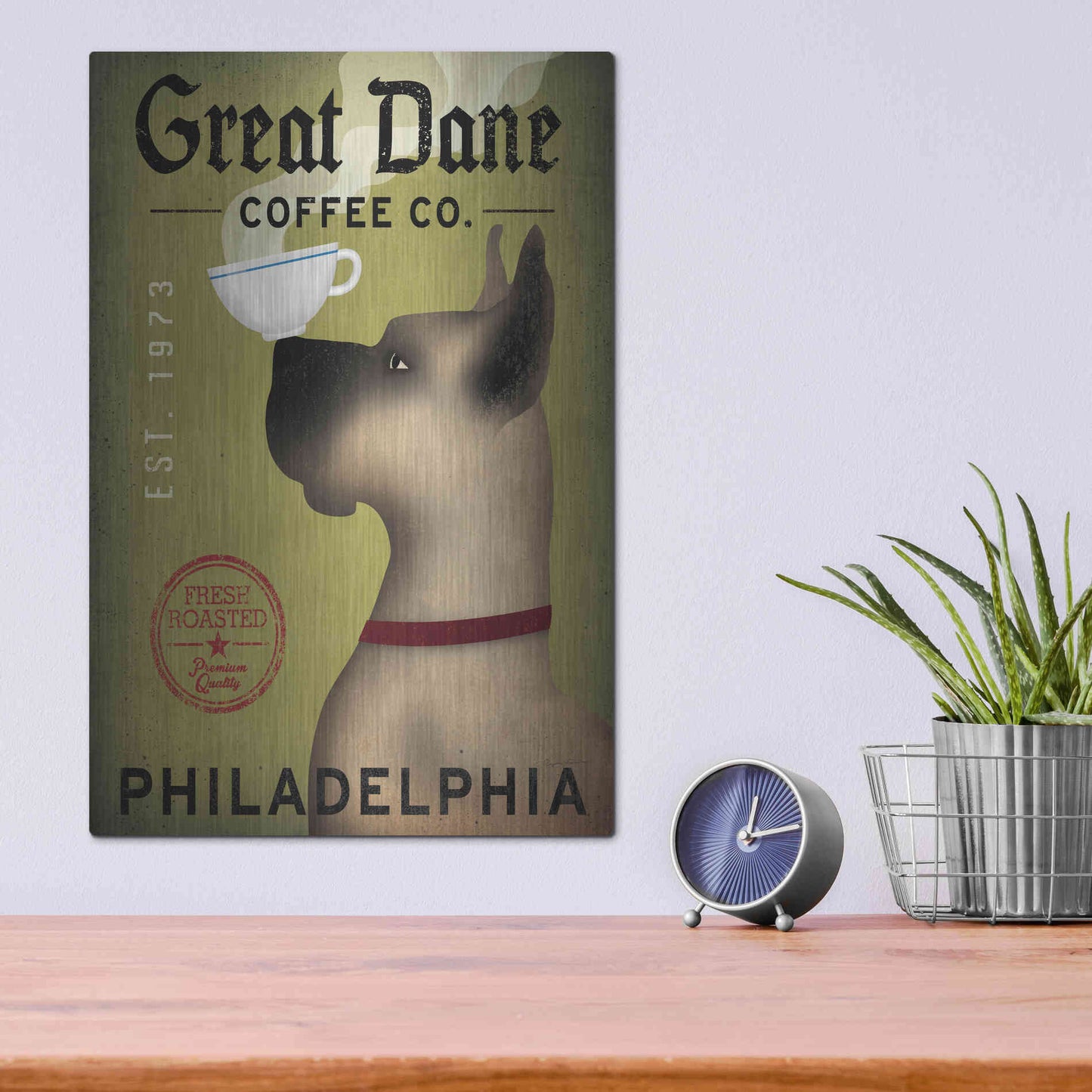 Luxe Metal Art 'Great Dane Coffee Philadelphia' by Ryan Fowler, Metal Wall Art,12x16