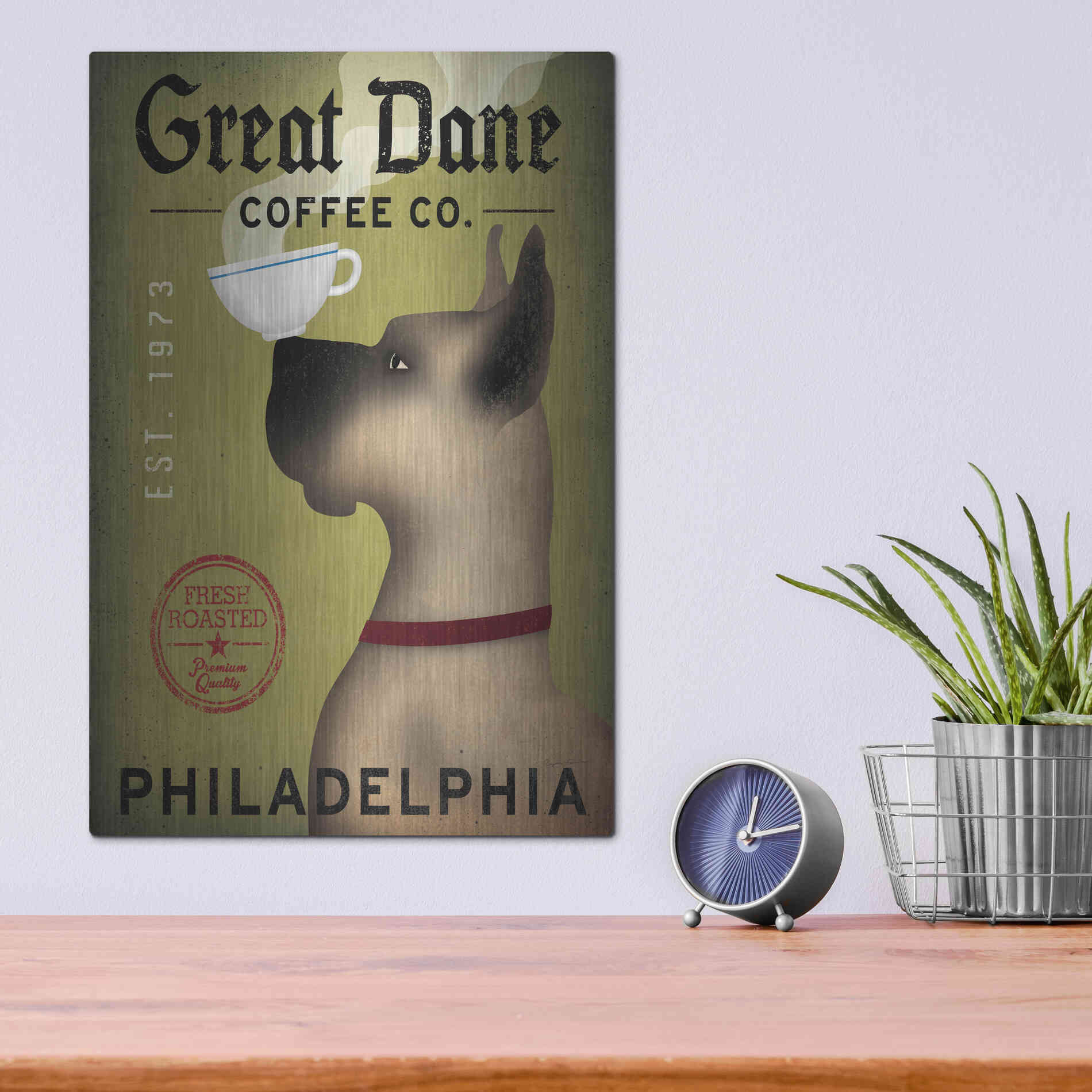 Luxe Metal Art 'Great Dane Coffee Philadelphia' by Ryan Fowler, Metal Wall Art,12x16