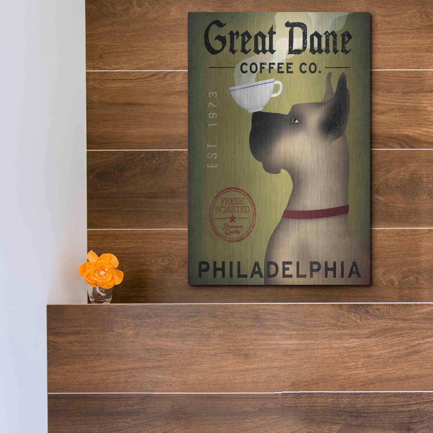 Luxe Metal Art 'Great Dane Coffee Philadelphia' by Ryan Fowler, Metal Wall Art,12x16