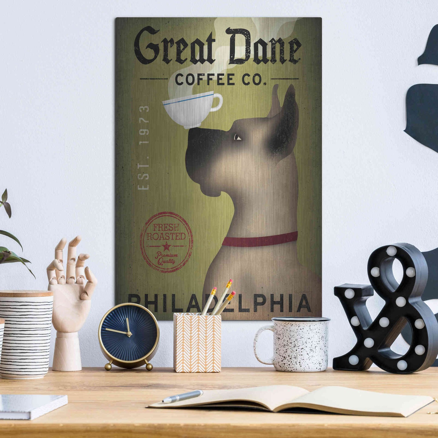 Luxe Metal Art 'Great Dane Coffee Philadelphia' by Ryan Fowler, Metal Wall Art,12x16