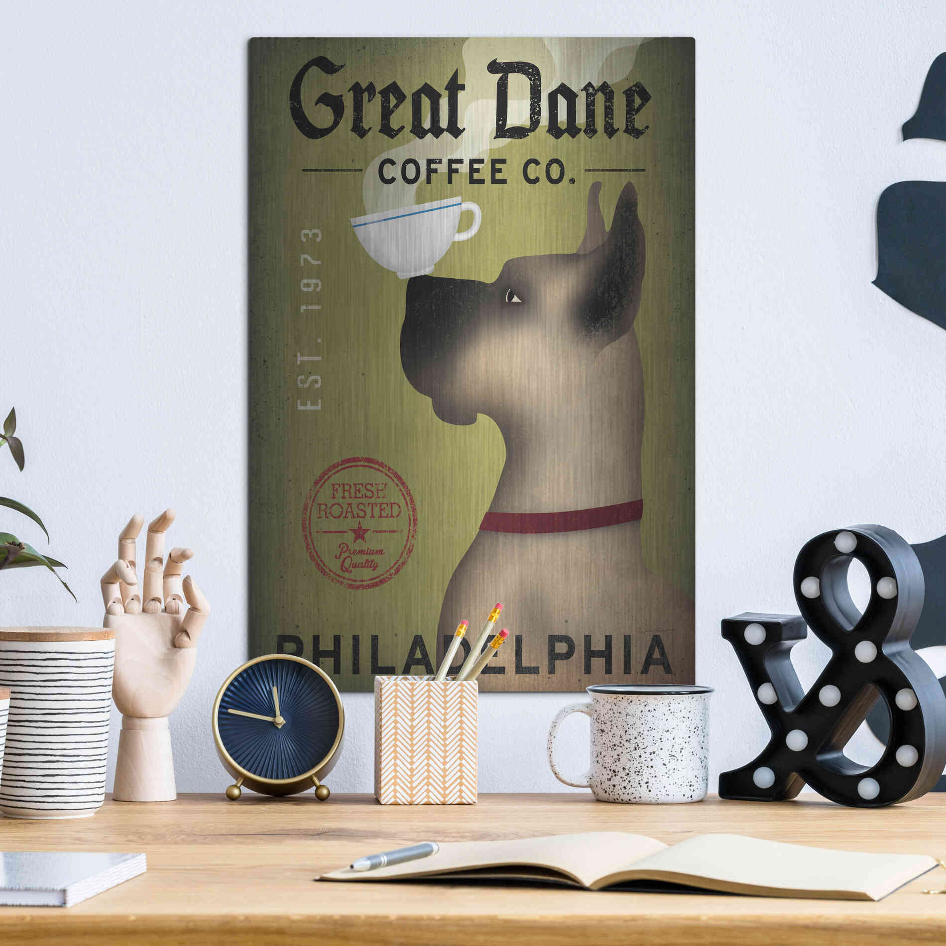 Luxe Metal Art 'Great Dane Coffee Philadelphia' by Ryan Fowler, Metal Wall Art,12x16