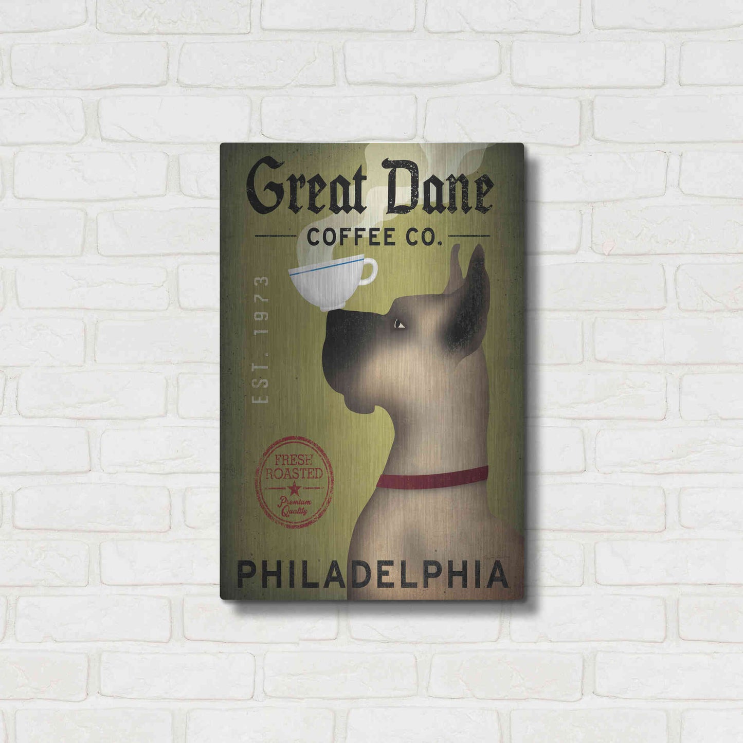 Luxe Metal Art 'Great Dane Coffee Philadelphia' by Ryan Fowler, Metal Wall Art,16x24