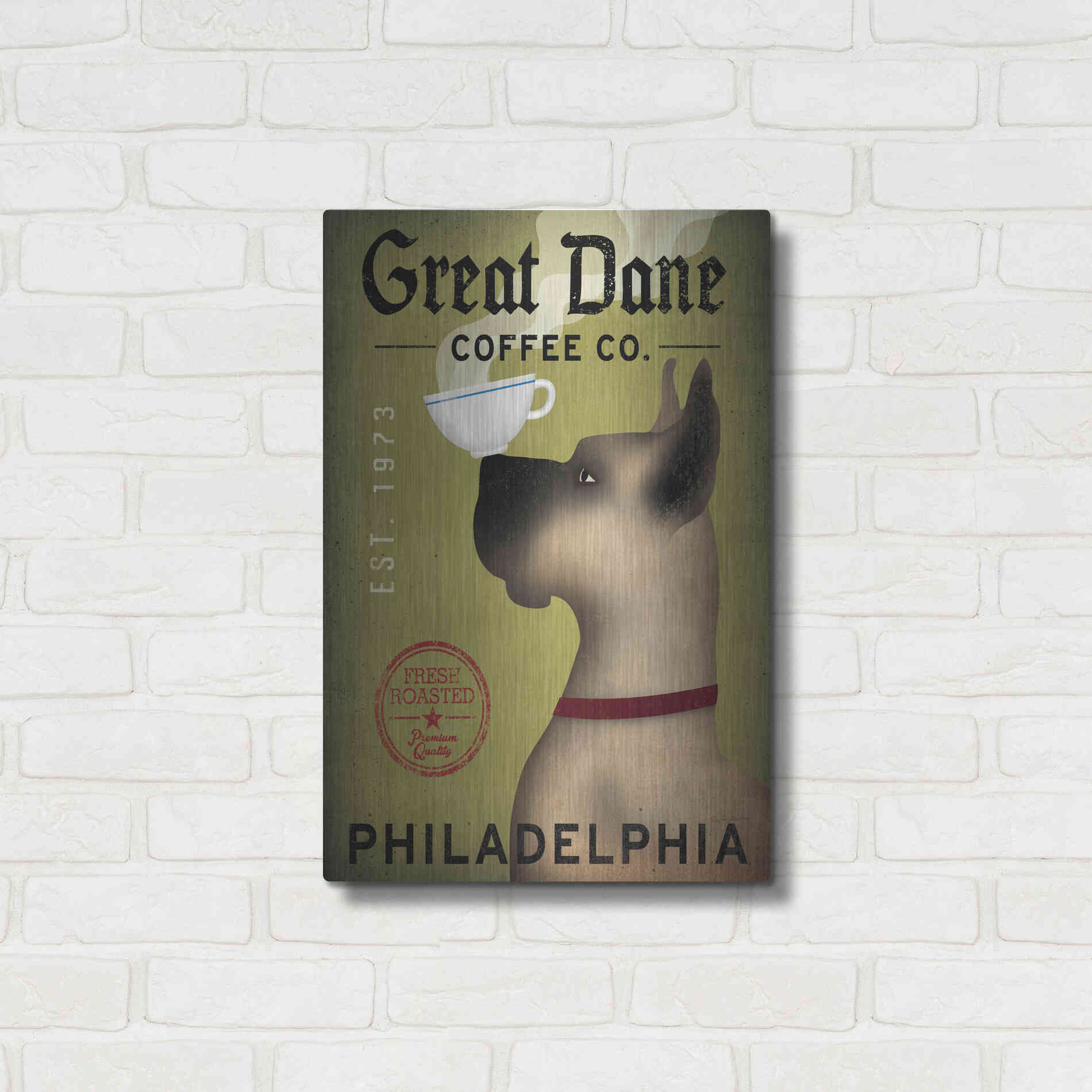 Luxe Metal Art 'Great Dane Coffee Philadelphia' by Ryan Fowler, Metal Wall Art,16x24