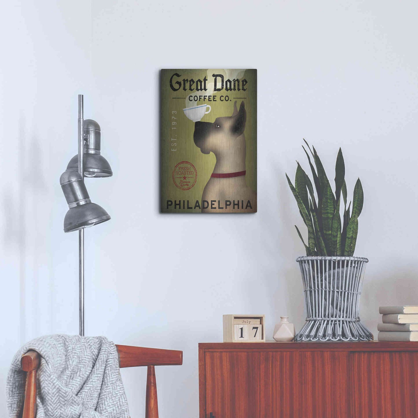 Luxe Metal Art 'Great Dane Coffee Philadelphia' by Ryan Fowler, Metal Wall Art,16x24