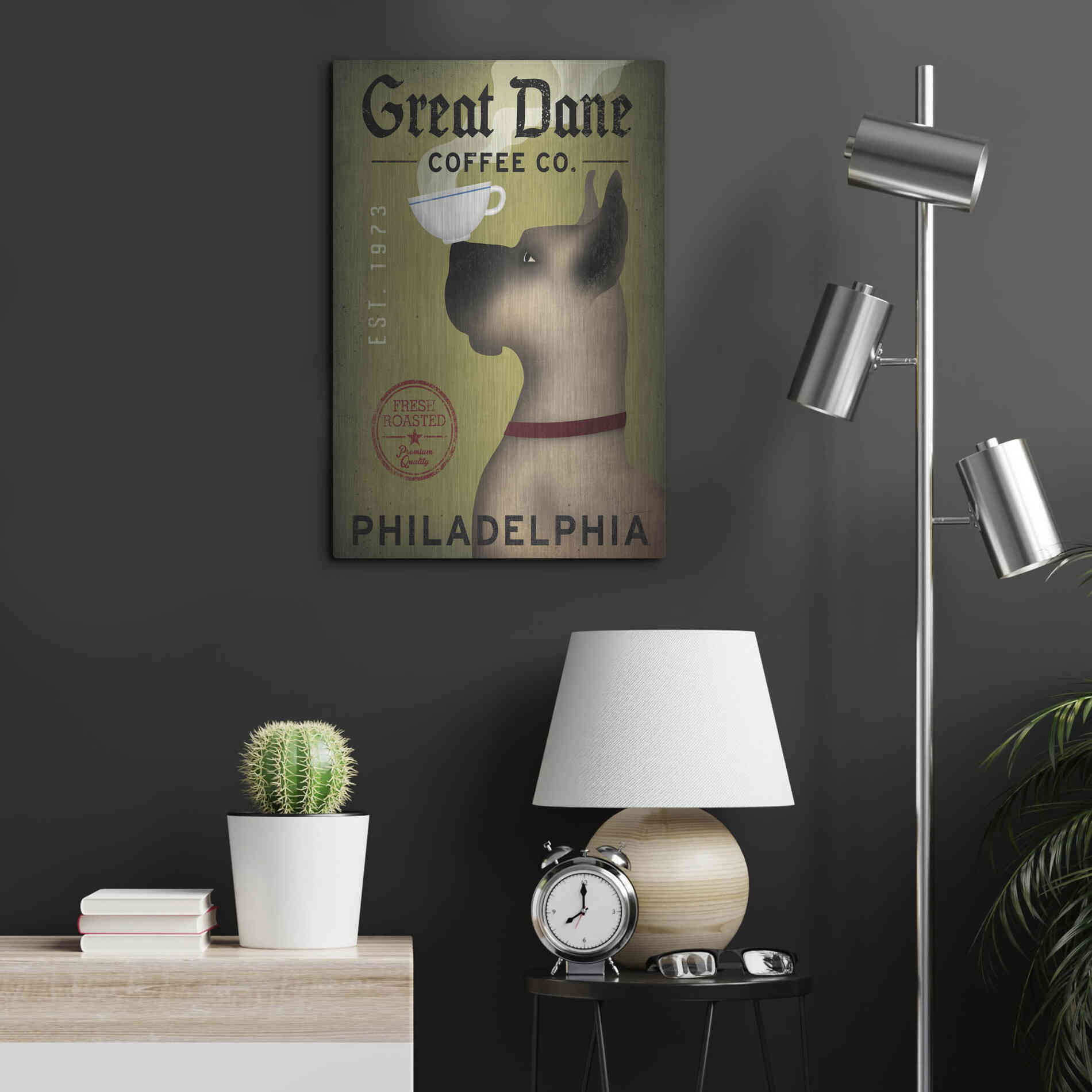 Luxe Metal Art 'Great Dane Coffee Philadelphia' by Ryan Fowler, Metal Wall Art,16x24