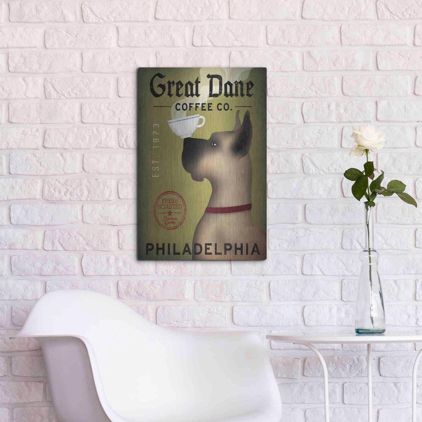 Luxe Metal Art 'Great Dane Coffee Philadelphia' by Ryan Fowler, Metal Wall Art,16x24
