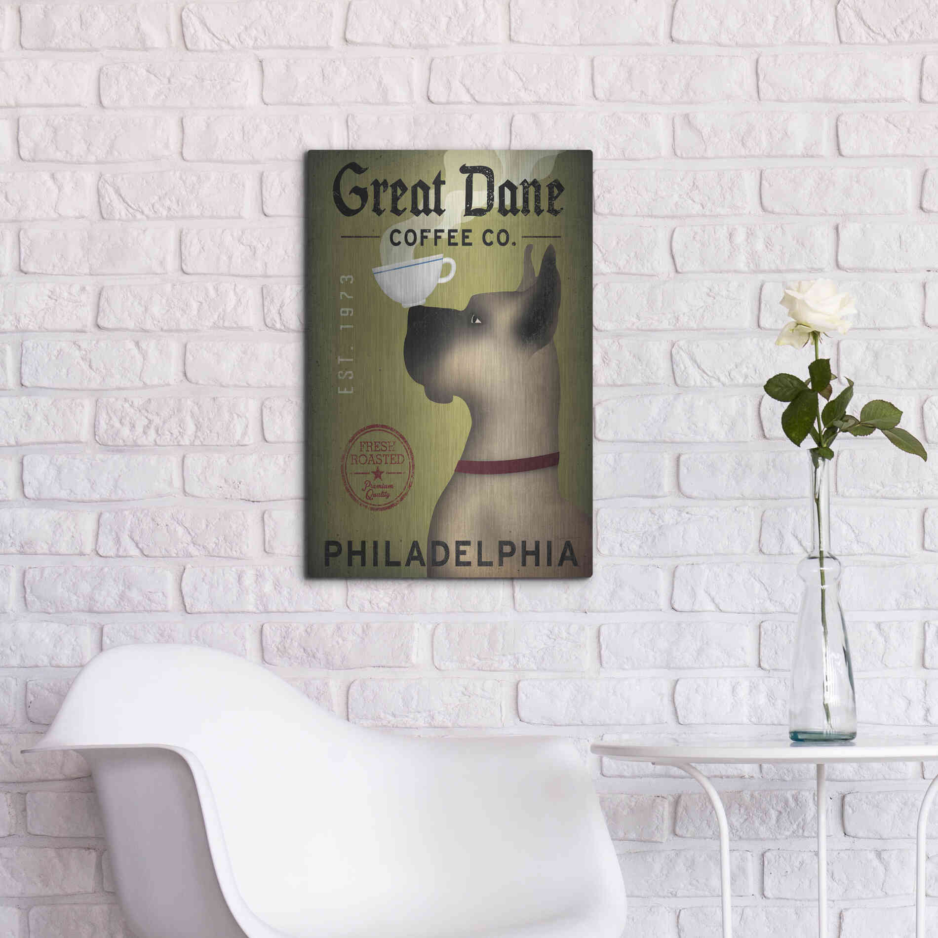 Luxe Metal Art 'Great Dane Coffee Philadelphia' by Ryan Fowler, Metal Wall Art,16x24