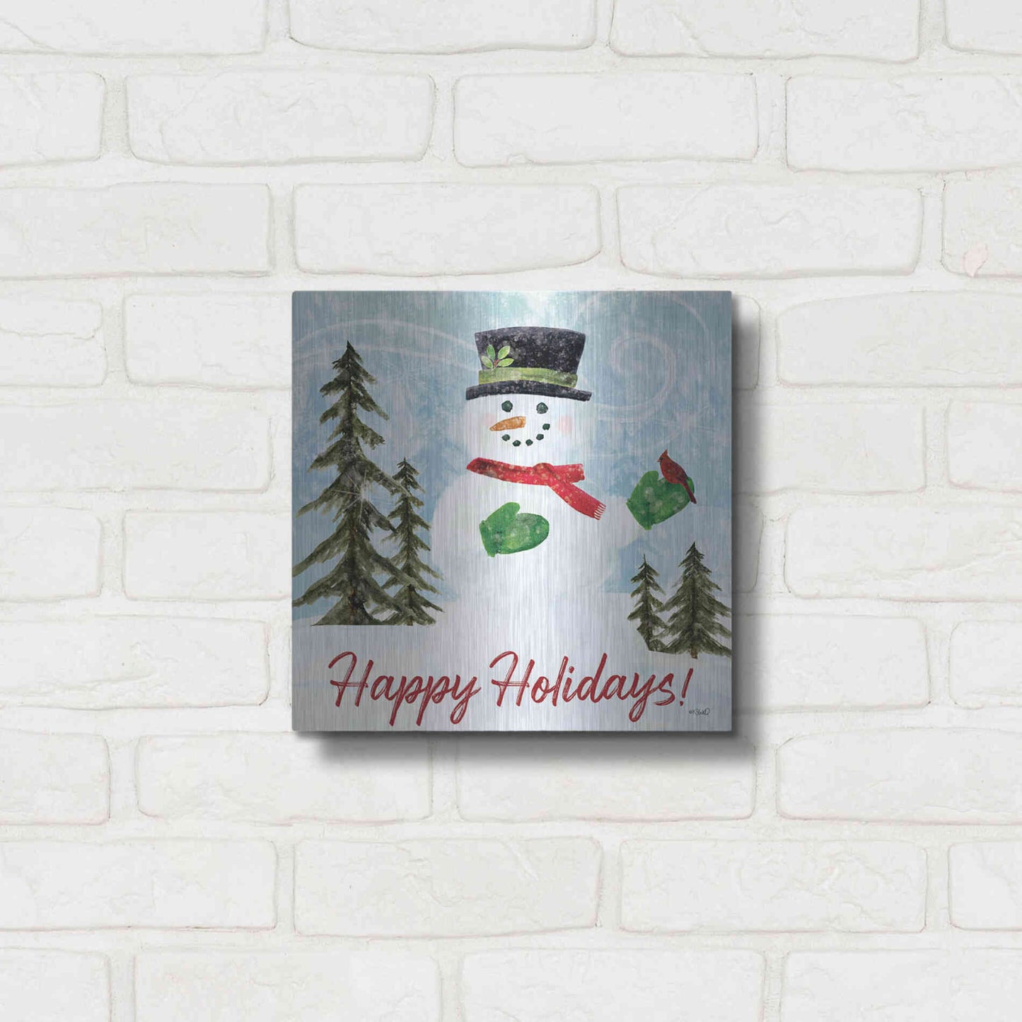Luxe Metal Art 'Happy Holidays Snowman' by Kate Sherrill, Metal Wall Art,12x12