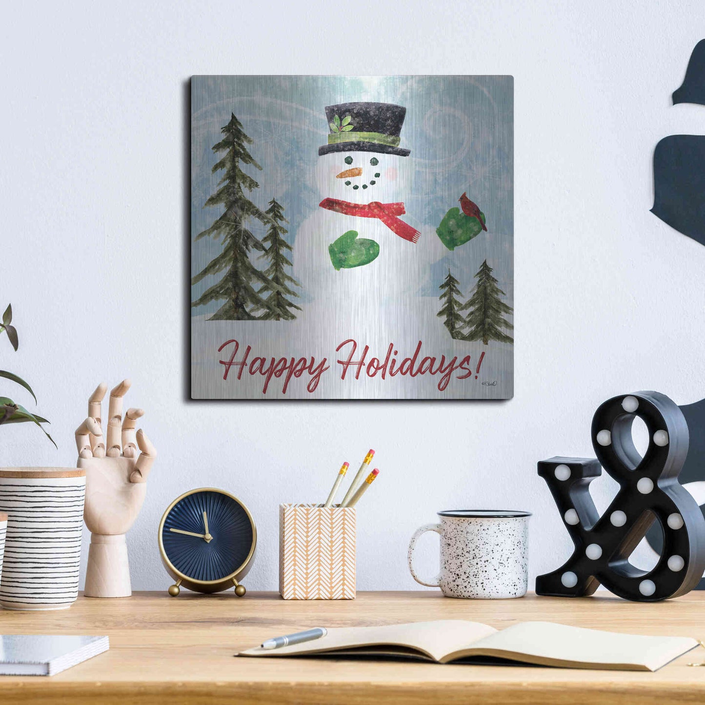 Luxe Metal Art 'Happy Holidays Snowman' by Kate Sherrill, Metal Wall Art,12x12