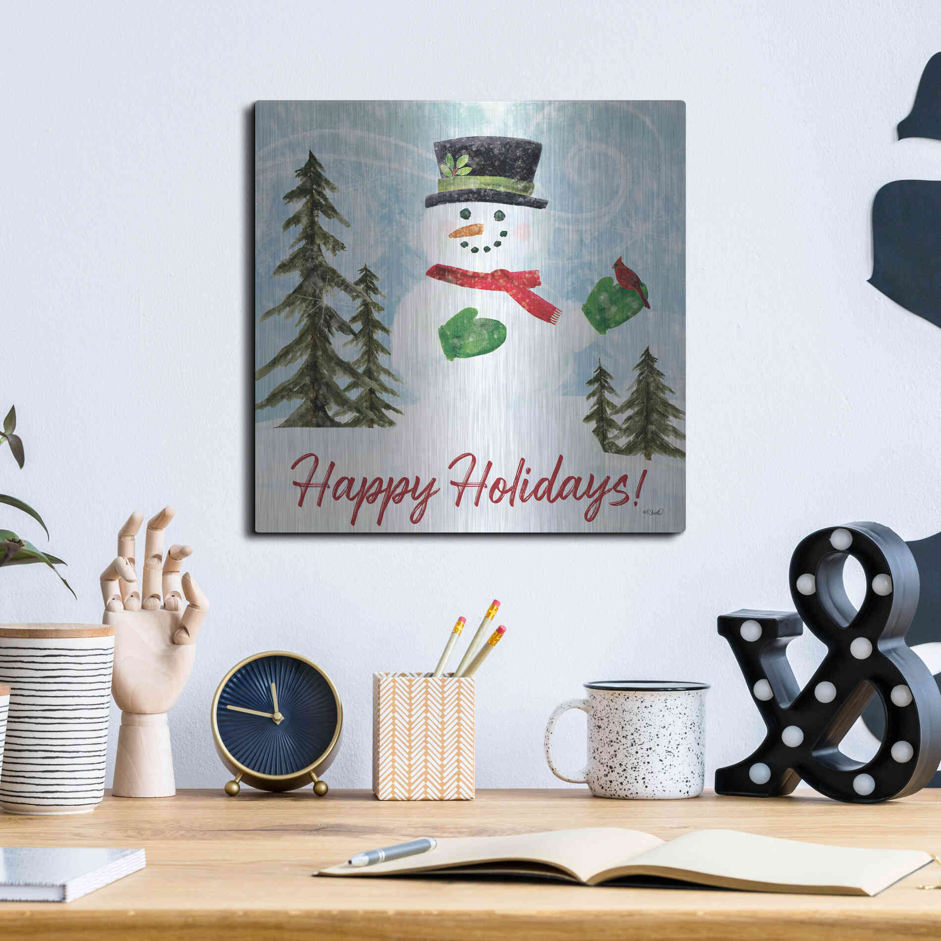 Luxe Metal Art 'Happy Holidays Snowman' by Kate Sherrill, Metal Wall Art,12x12