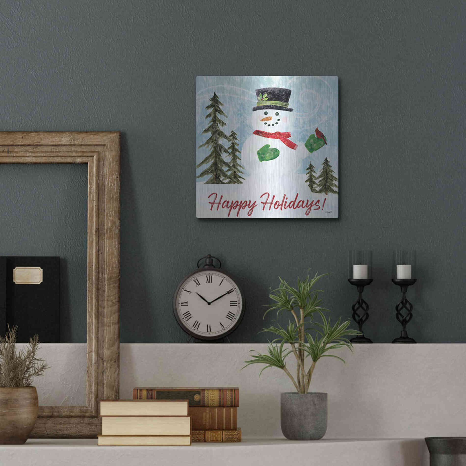 Luxe Metal Art 'Happy Holidays Snowman' by Kate Sherrill, Metal Wall Art,12x12