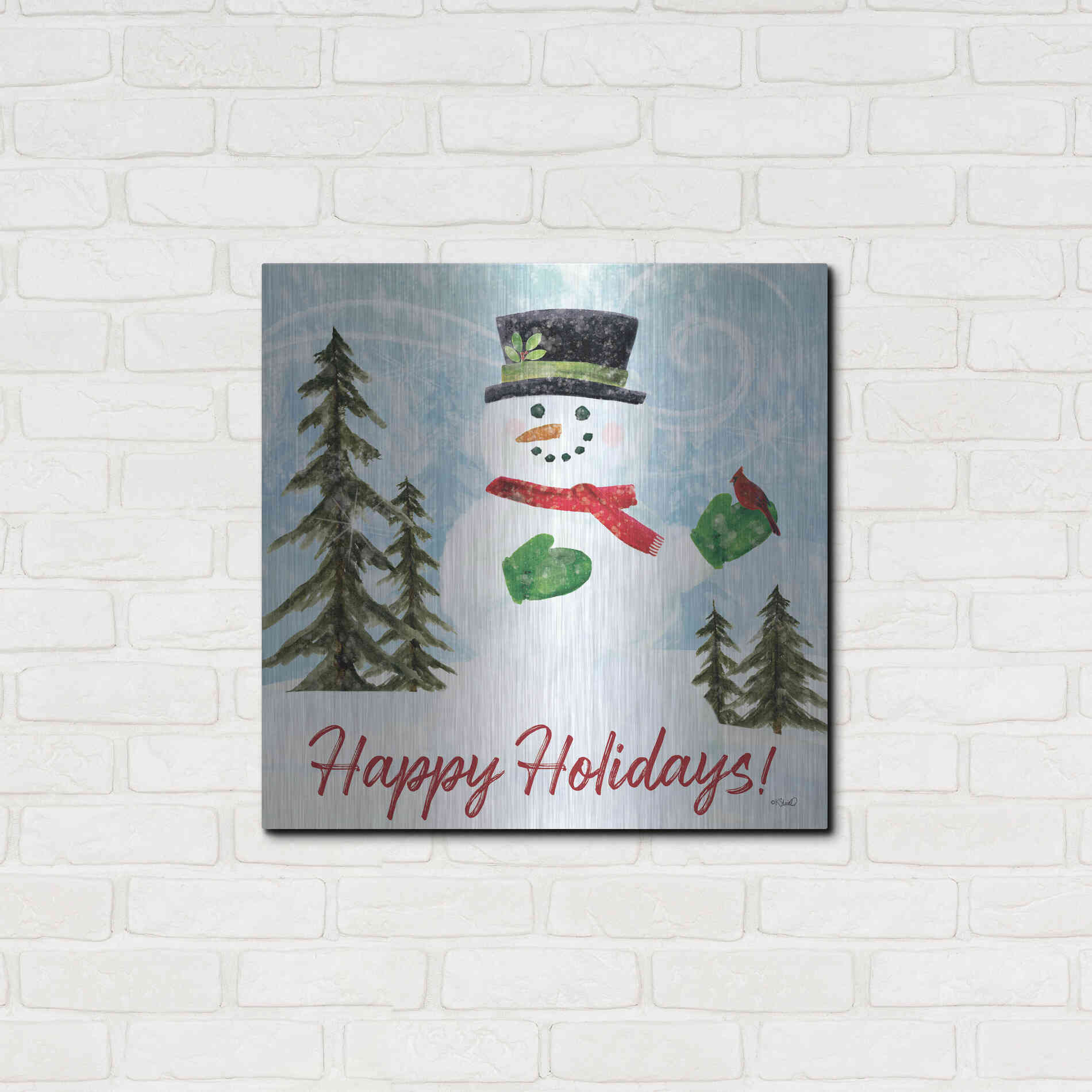 Luxe Metal Art 'Happy Holidays Snowman' by Kate Sherrill, Metal Wall Art,24x24