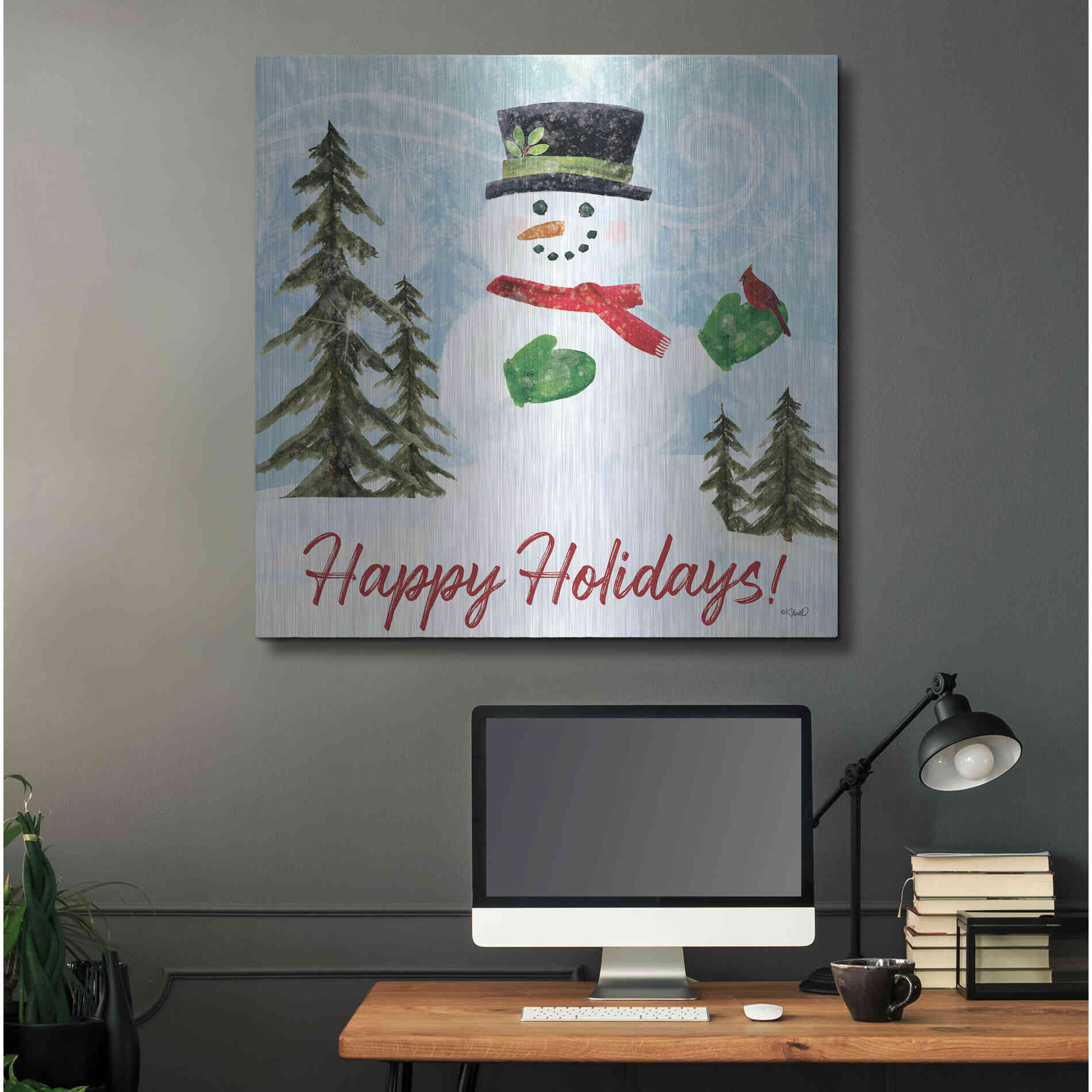 Luxe Metal Art 'Happy Holidays Snowman' by Kate Sherrill, Metal Wall Art,36x36
