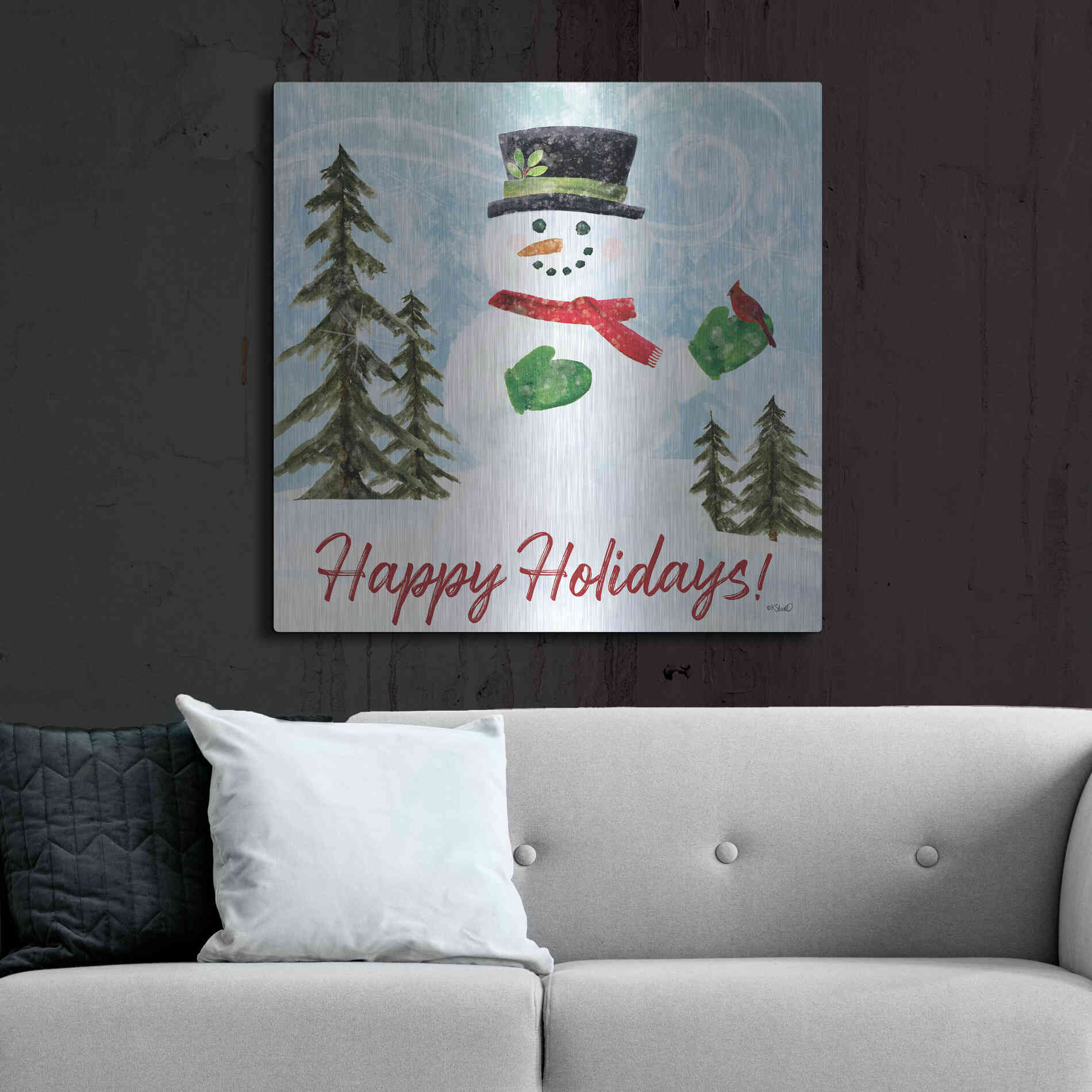 Luxe Metal Art 'Happy Holidays Snowman' by Kate Sherrill, Metal Wall Art,36x36