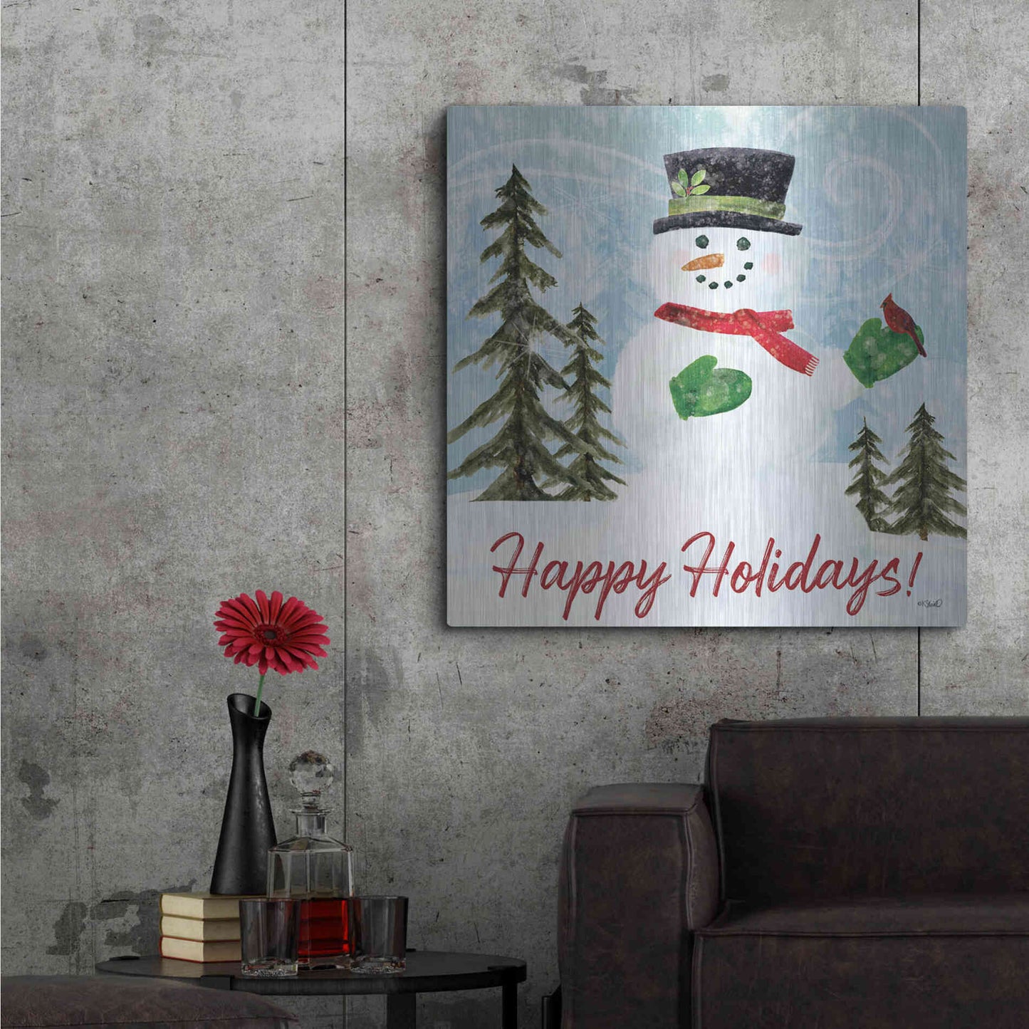 Luxe Metal Art 'Happy Holidays Snowman' by Kate Sherrill, Metal Wall Art,36x36