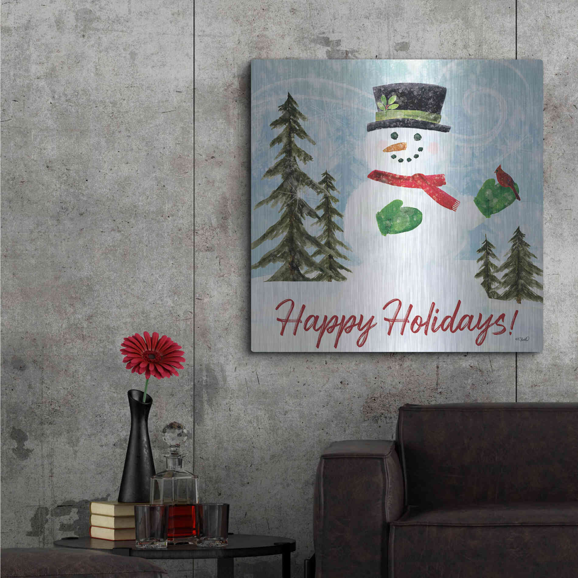 Luxe Metal Art 'Happy Holidays Snowman' by Kate Sherrill, Metal Wall Art,36x36