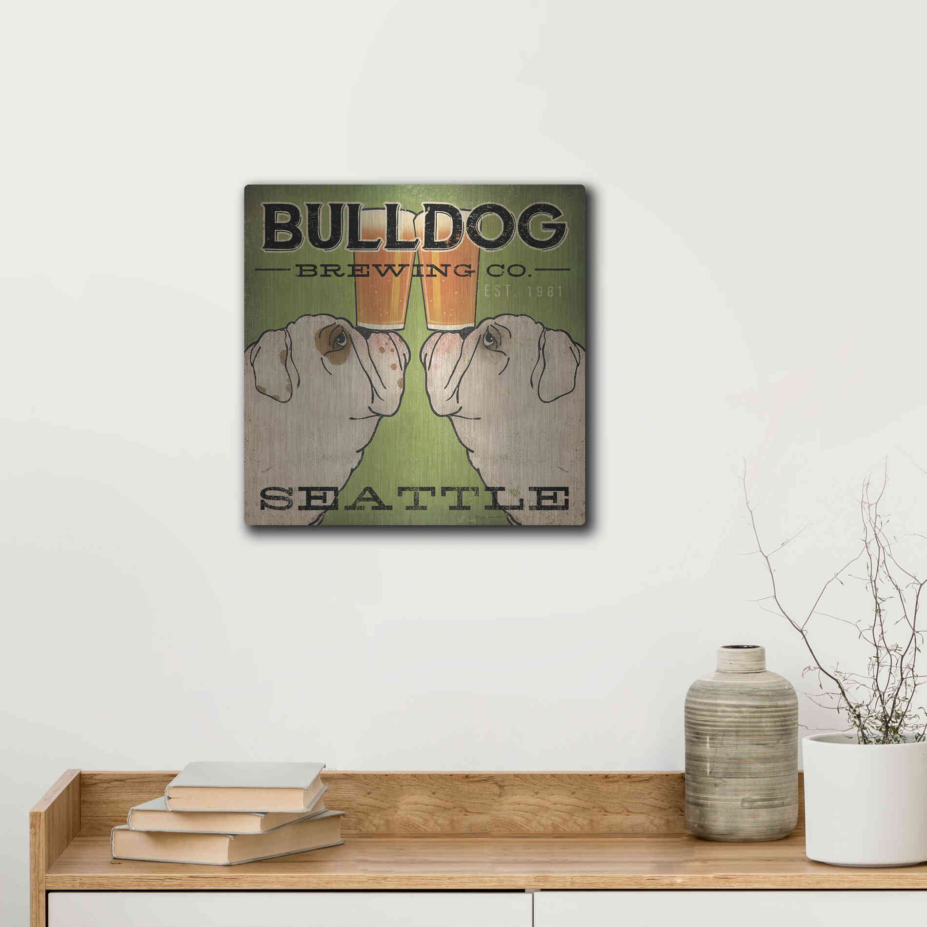 Luxe Metal Art 'Bulldog Brewing Seattle' by Ryan Fowler, Metal Wall Art,12x12