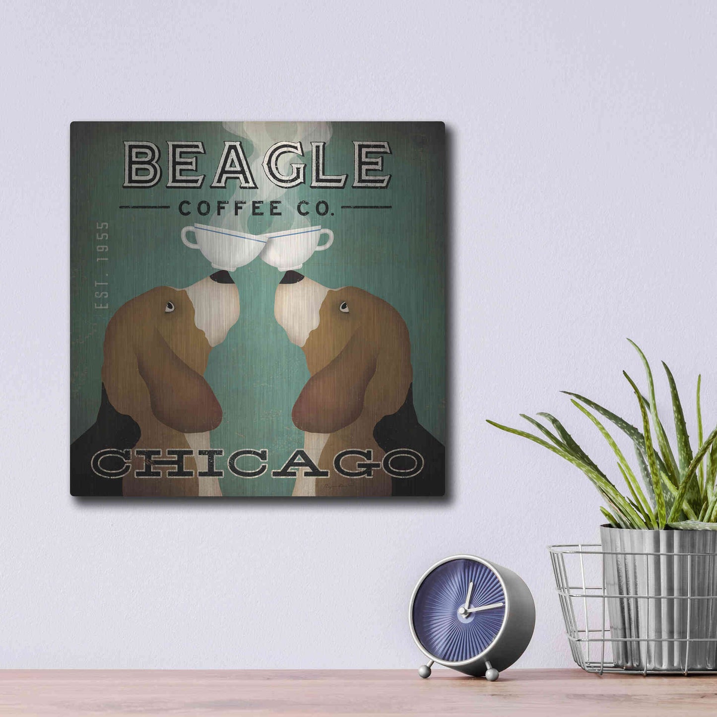 Luxe Metal Art 'Beagle Coffee Co Chicago' by Ryan Fowler, Metal Wall Art,12x12