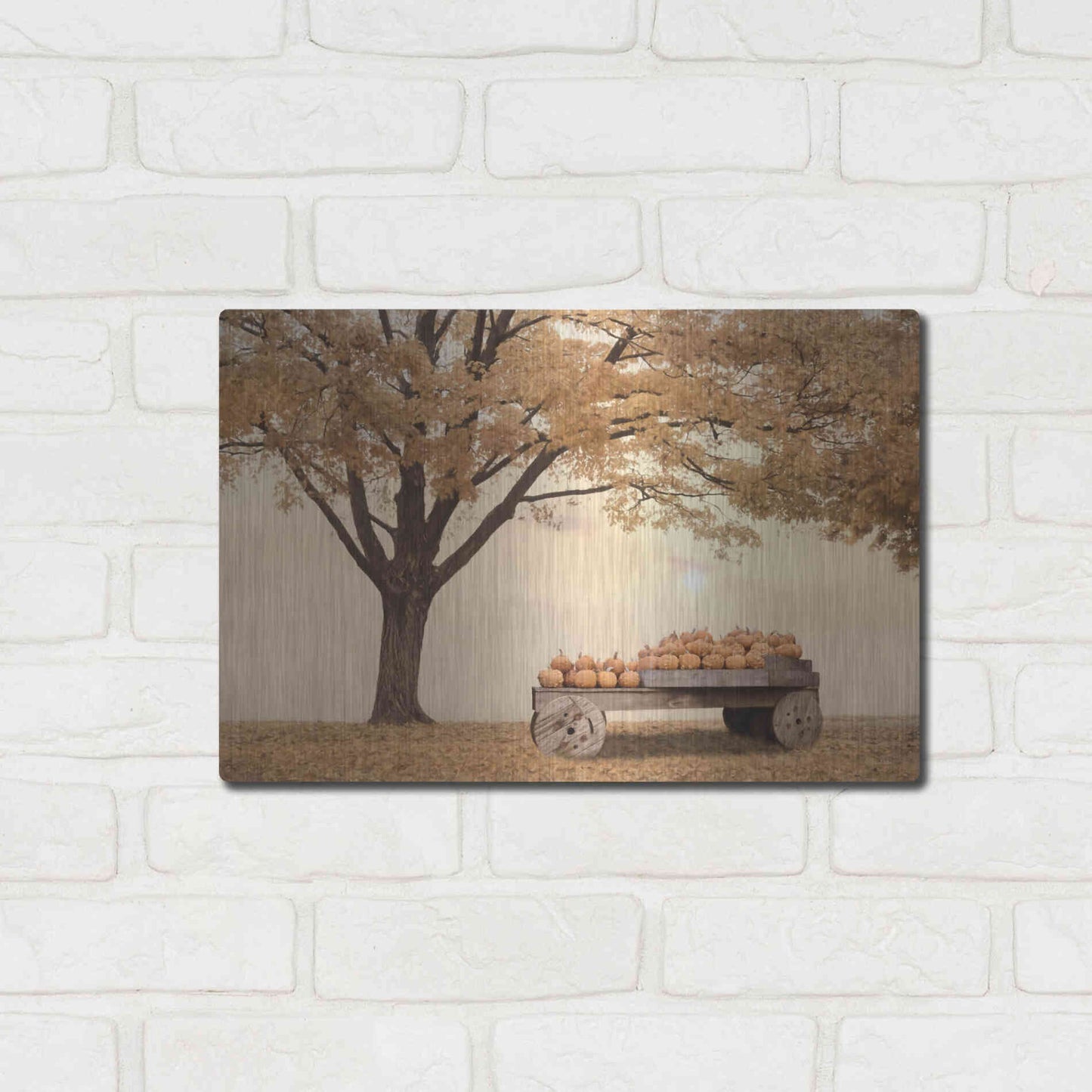 Luxe Metal Art 'Autumn Leaves and Pumpkins Please' by Lori Deiter, Metal Wall Art,16x12